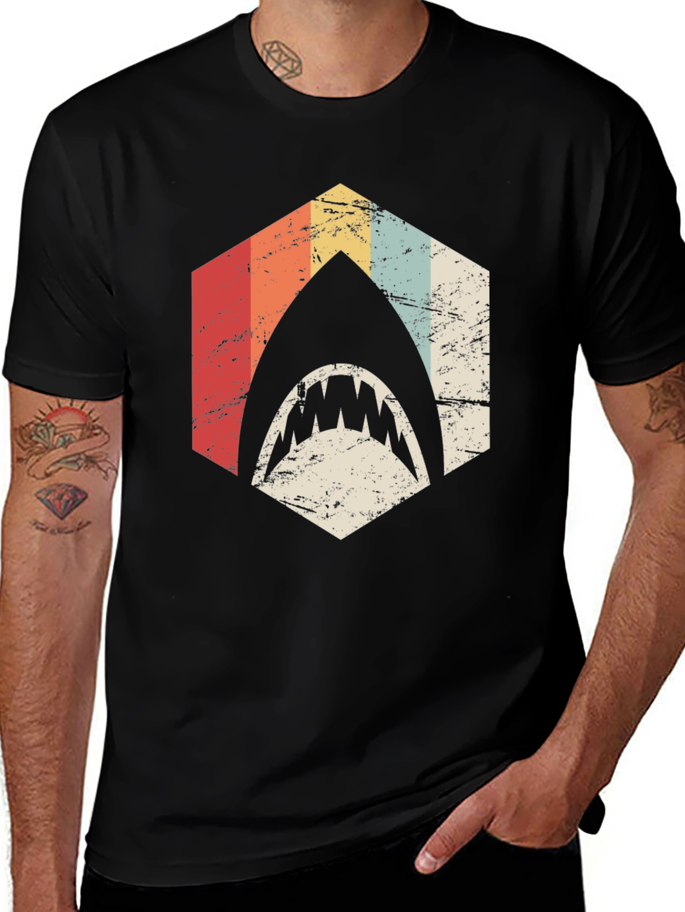 Variant 9 of Retro Shark T-Shirt: Vintage Style Hexagon Design