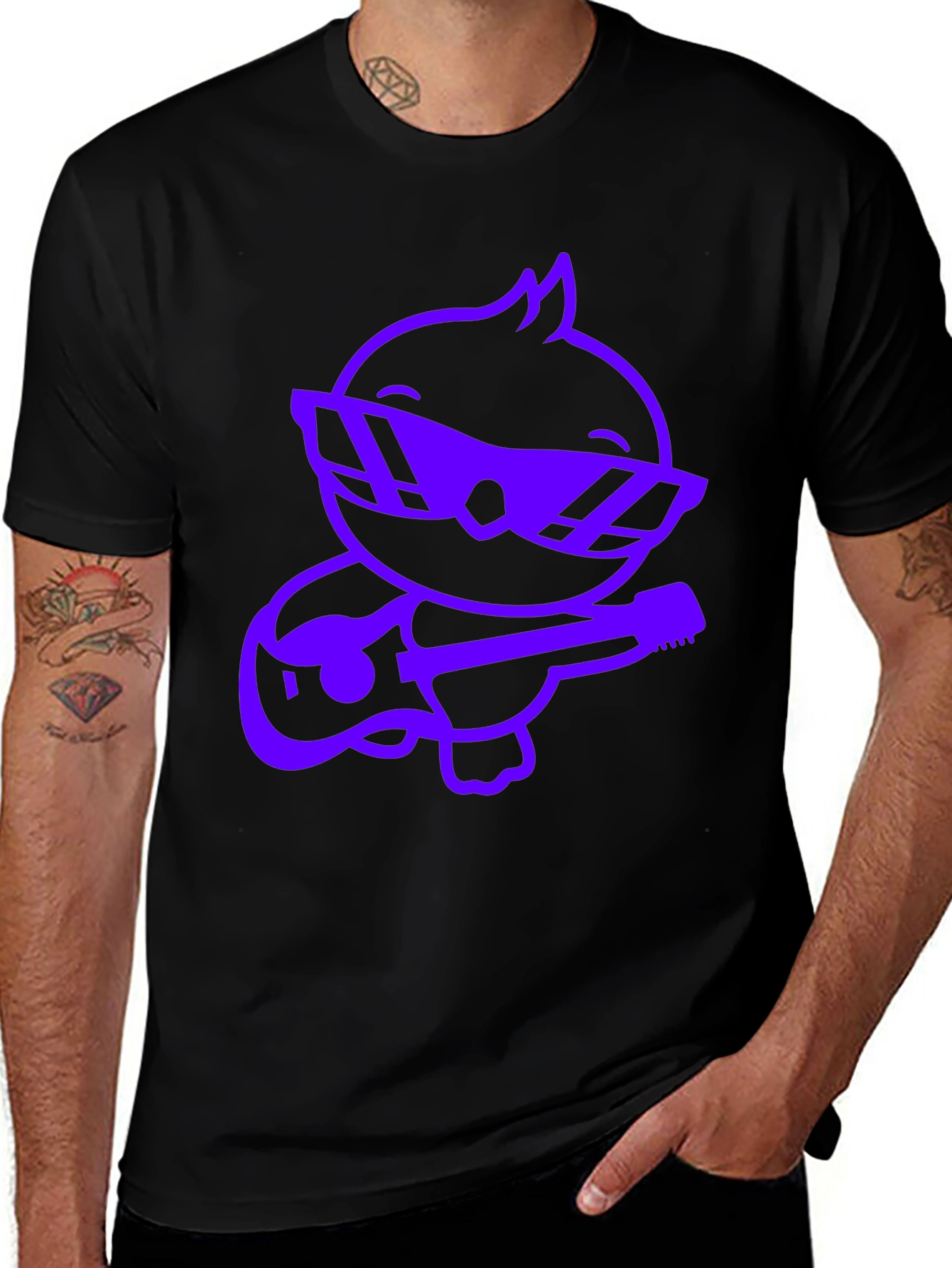 Variant 21 of Cool Purple Cartoon Duck Guitarist Black T-Shirt