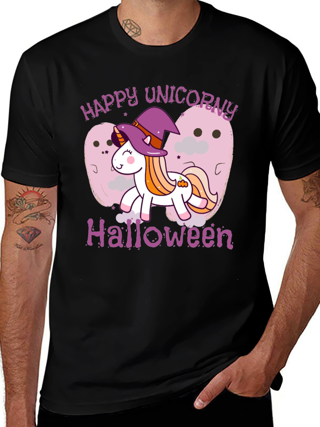 Happy Unicorn Halloween Black T-Shirt
