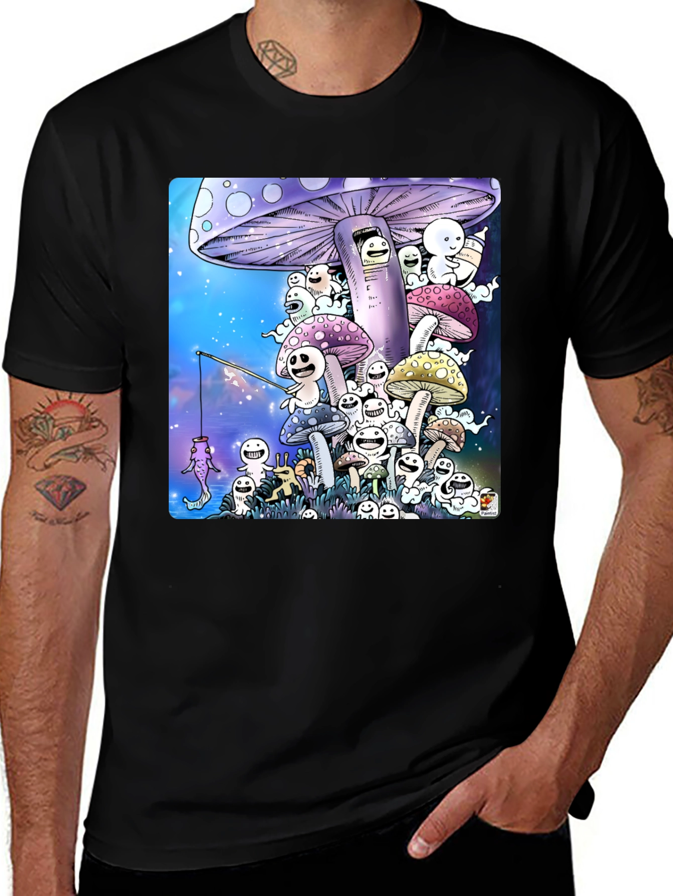 Variant 24 of Mushroom Character Graphic Print Black T-Shirt