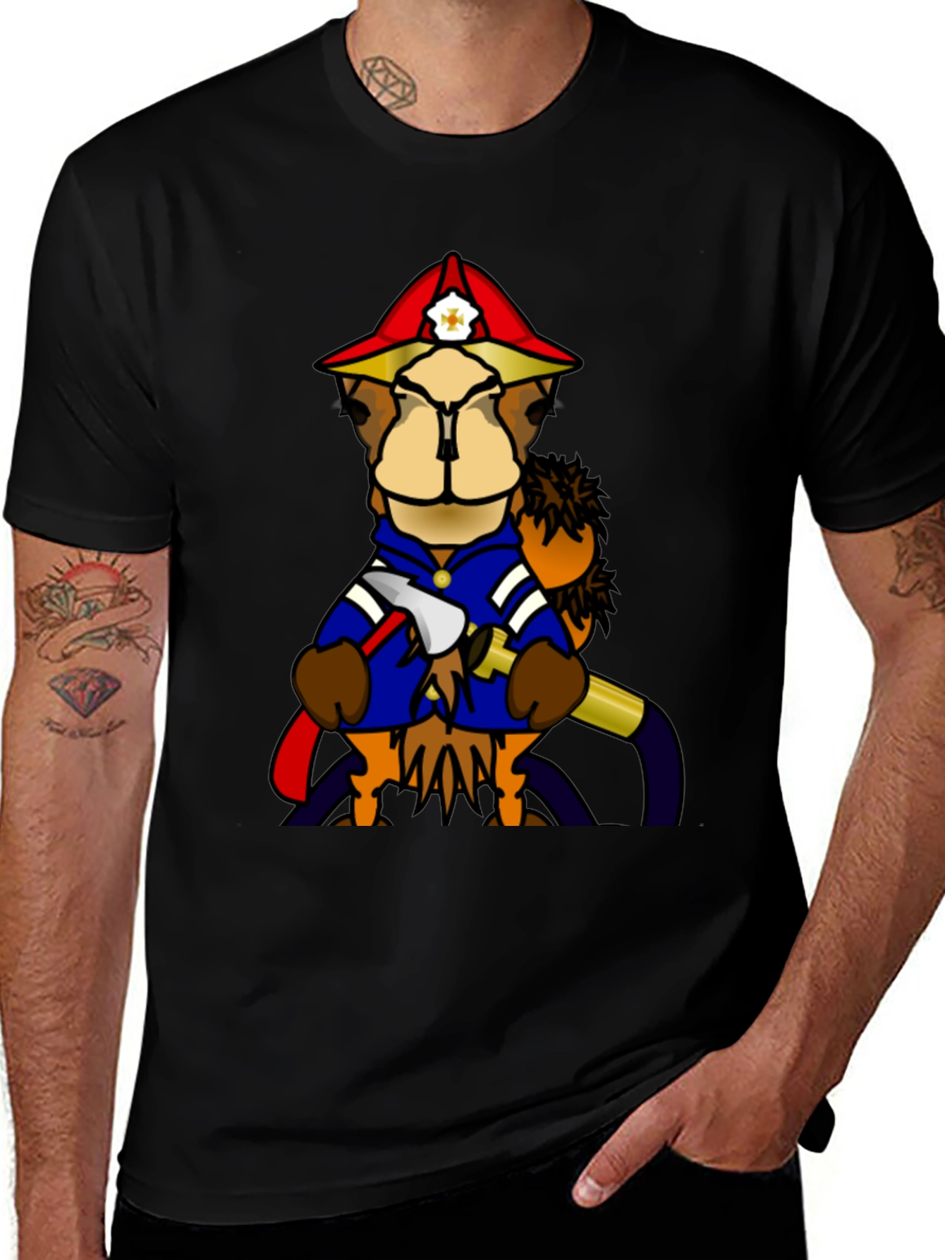 Variant 26 of Cartoon Firefighter Camel Black T-Shirt