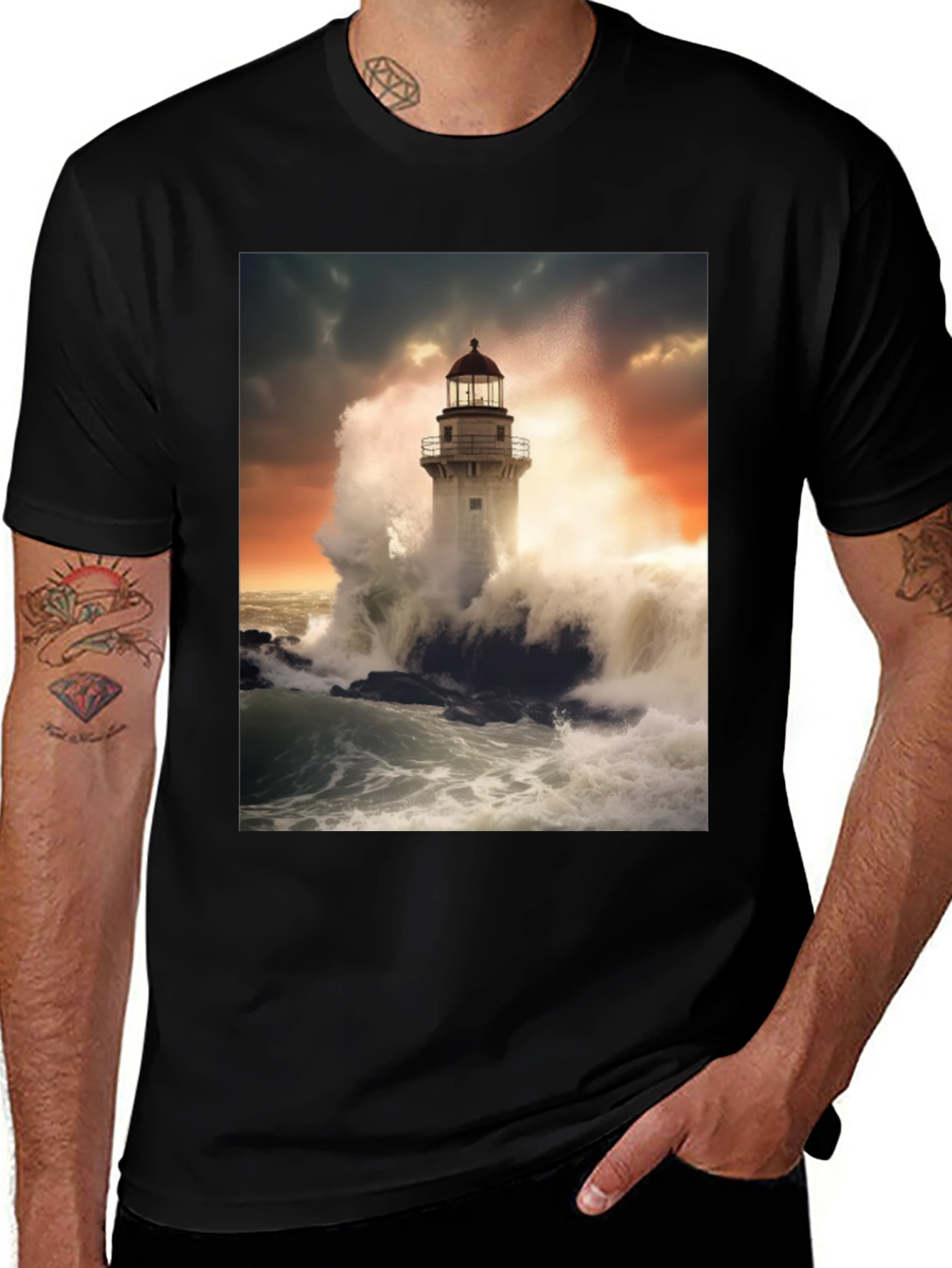 Variant 6 of Lighthouse Wave T-Shirt - Stormy Sea Design