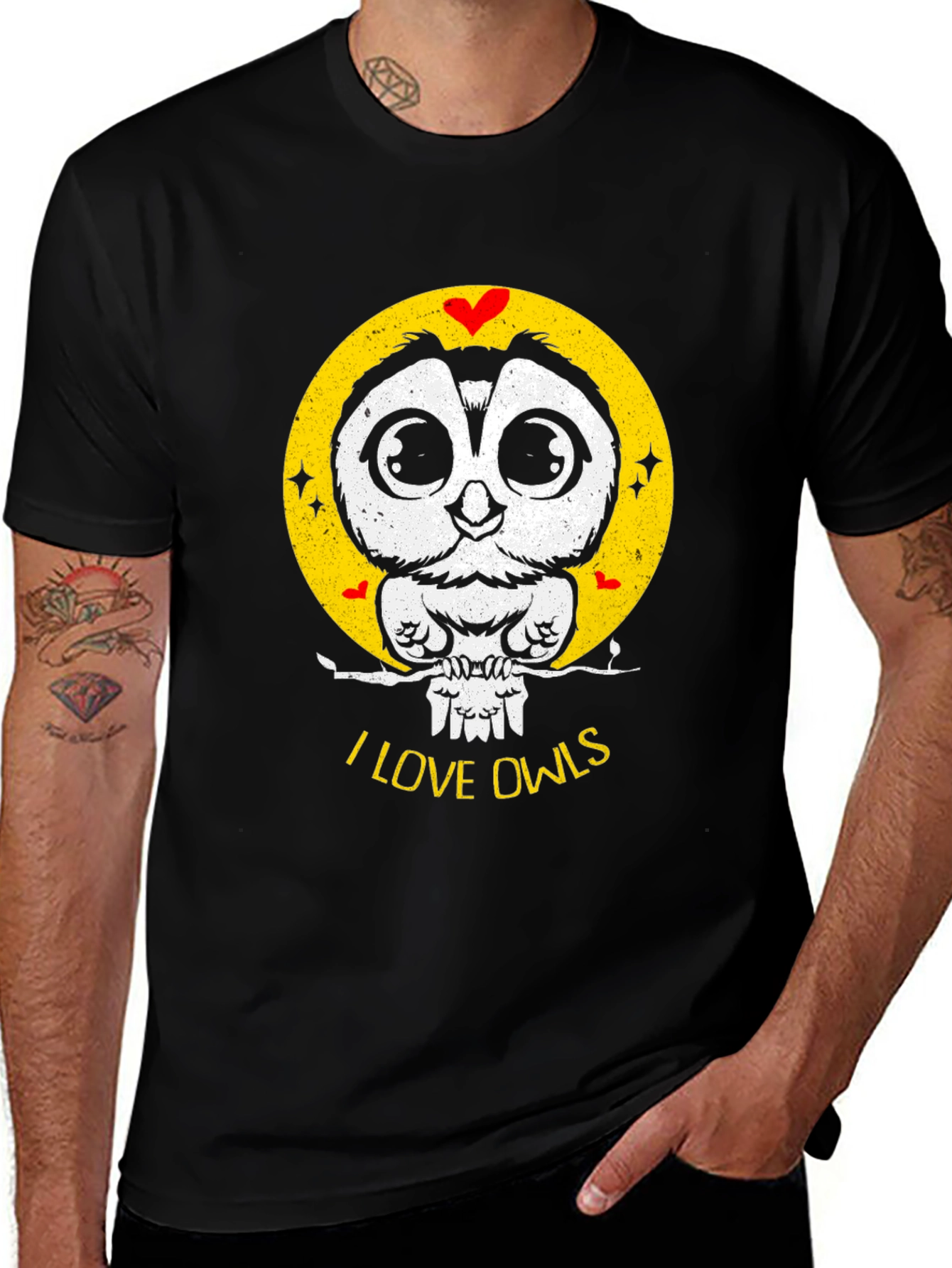 Variant 22 of I Love Owls Graphic T-Shirt - Black Crew Neck Tee
