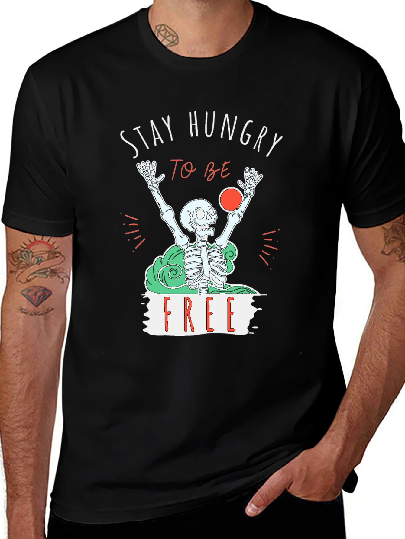 Variant 5 of Stay Hungry to be Free T-Shirt - Unique Skeleton Graphic Tee