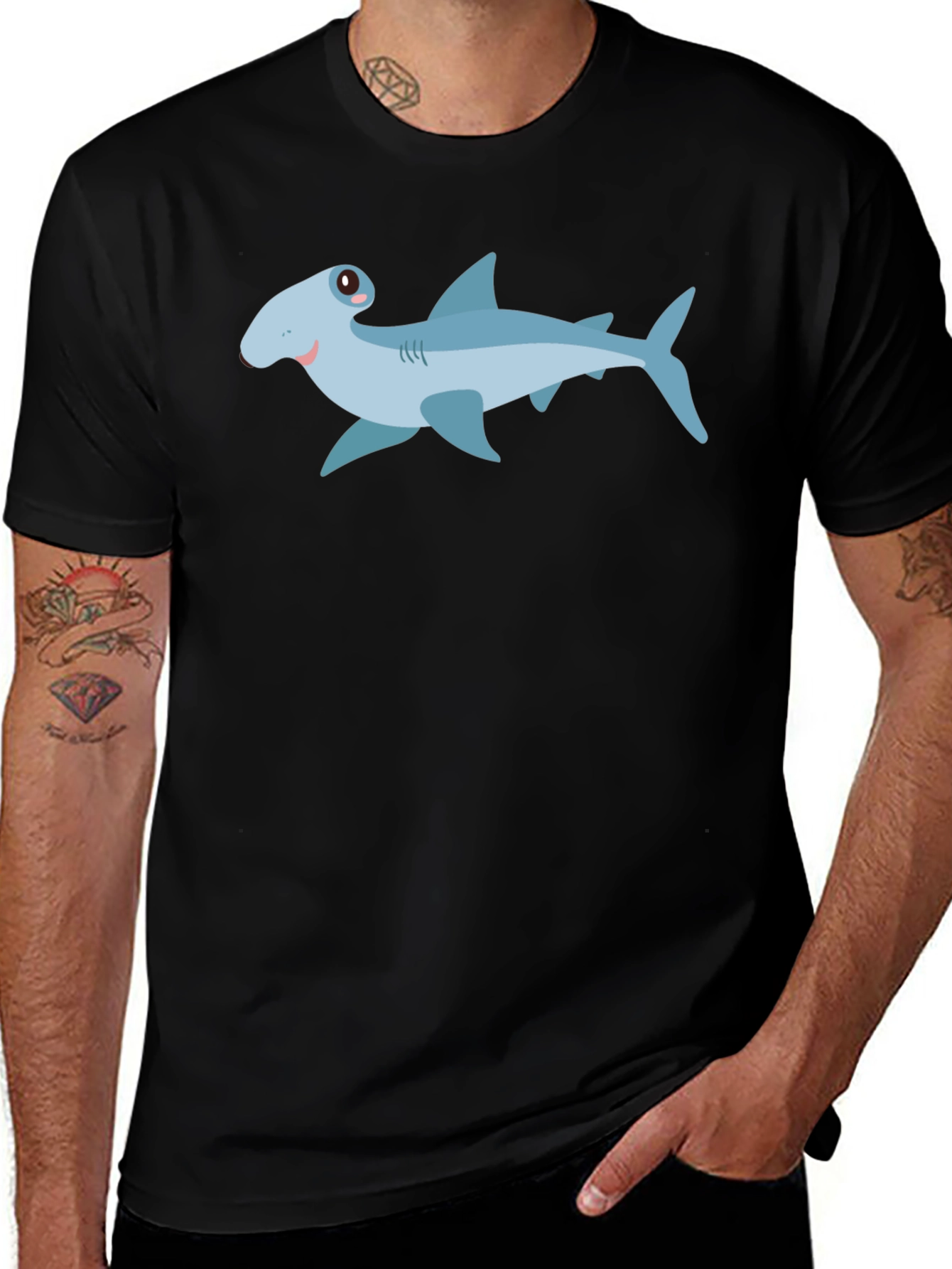 Variant 13 of Cartoon Shark Graphic Tee - Men's Black T-Shirt