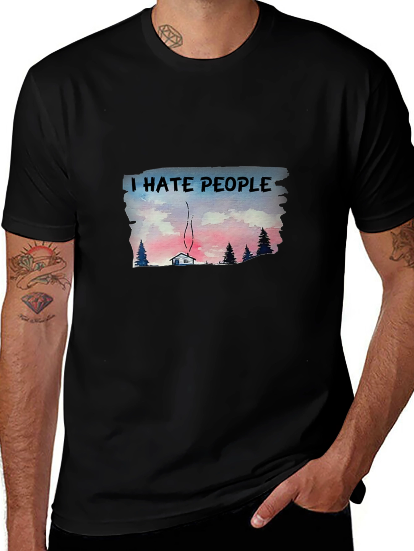 Variant 12 of I Hate People T-Shirt - Watercolor Cabin Design
