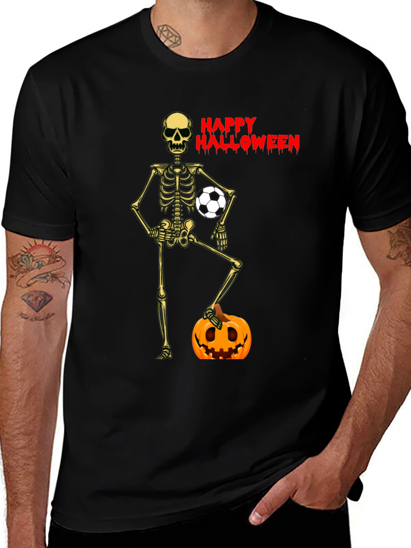 Black Happy Halloween Skeleton Soccer T-Shirt main image