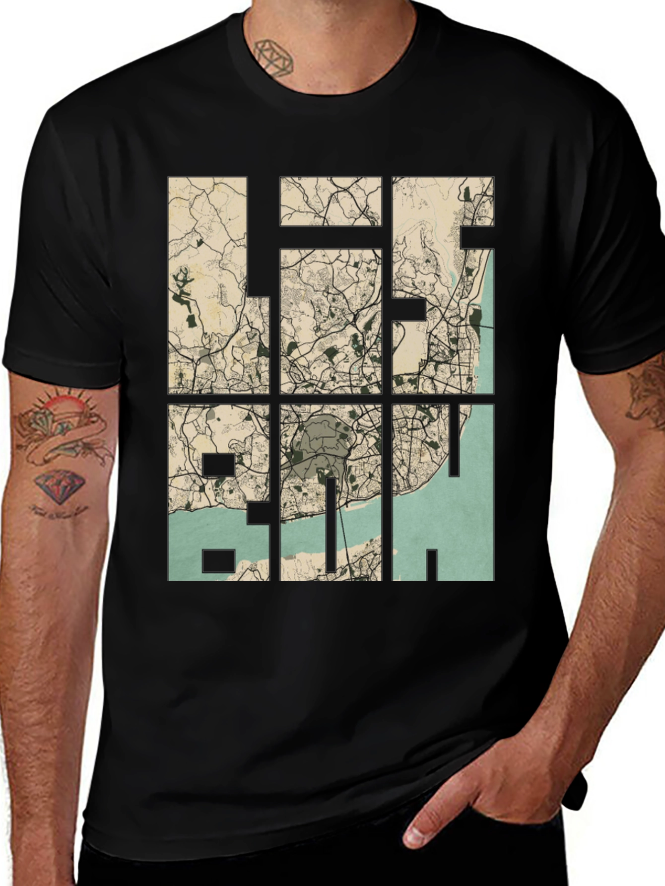 Lisbon Map Graphic Tee - Black Cotton T-Shirt
