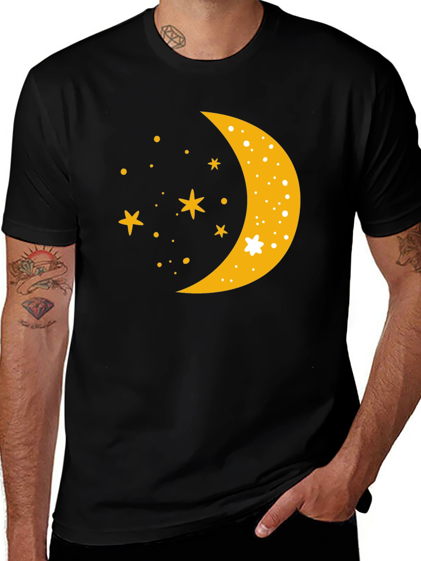 Celestial Crescent Moon Starry Night Black T-Shirt