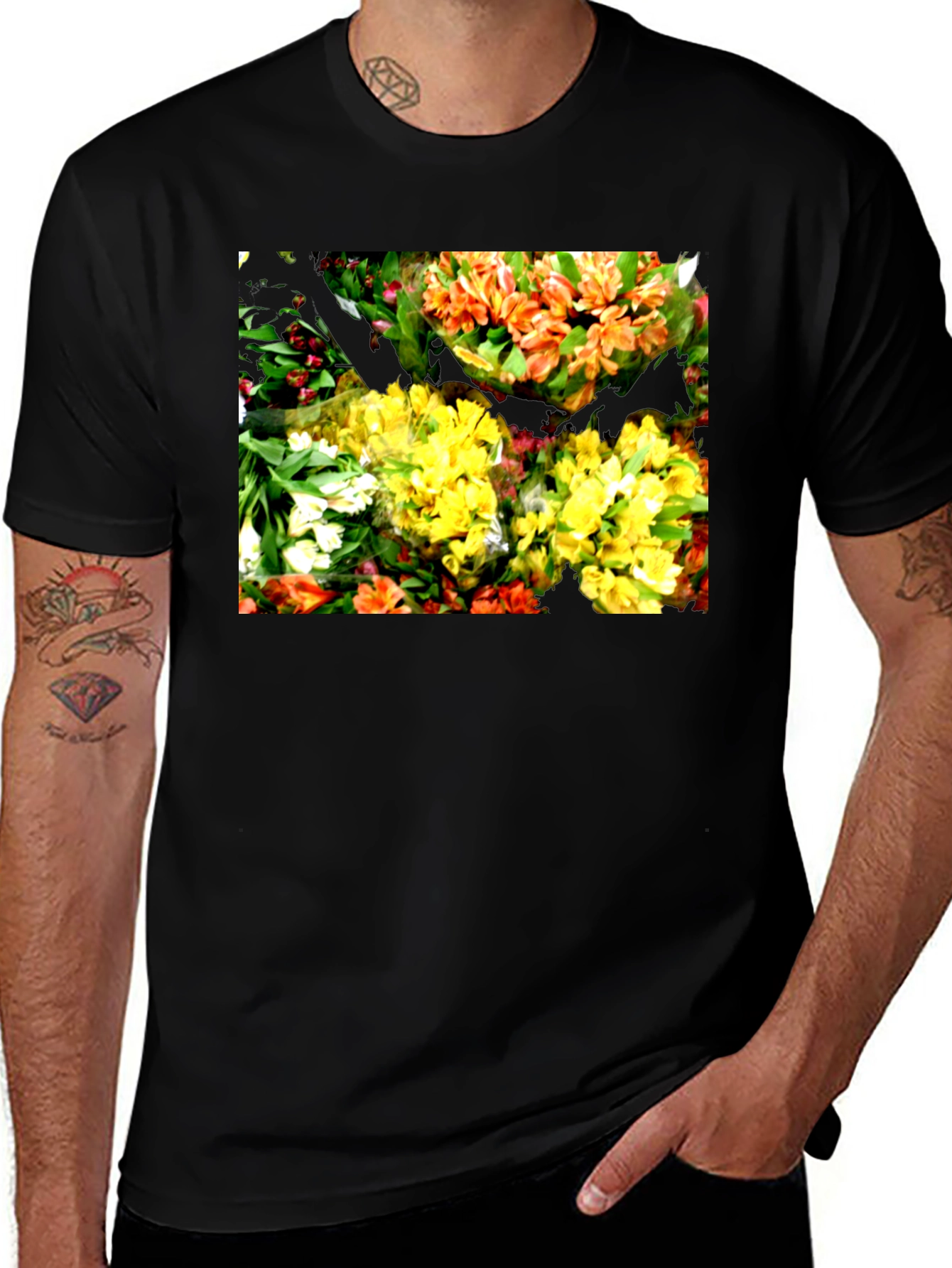 Floral Graphic Black T-Shirt - Vibrant Bouquet Design