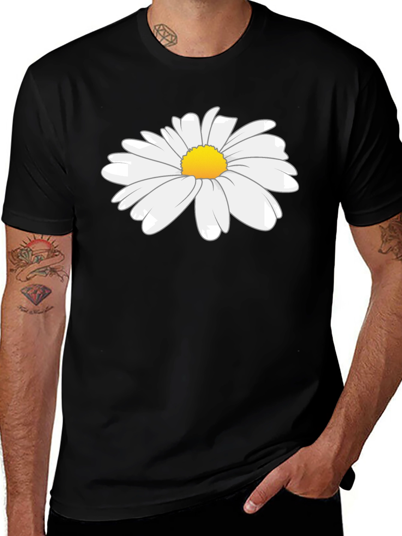 Black T-Shirt with Daisy Flower Graphic