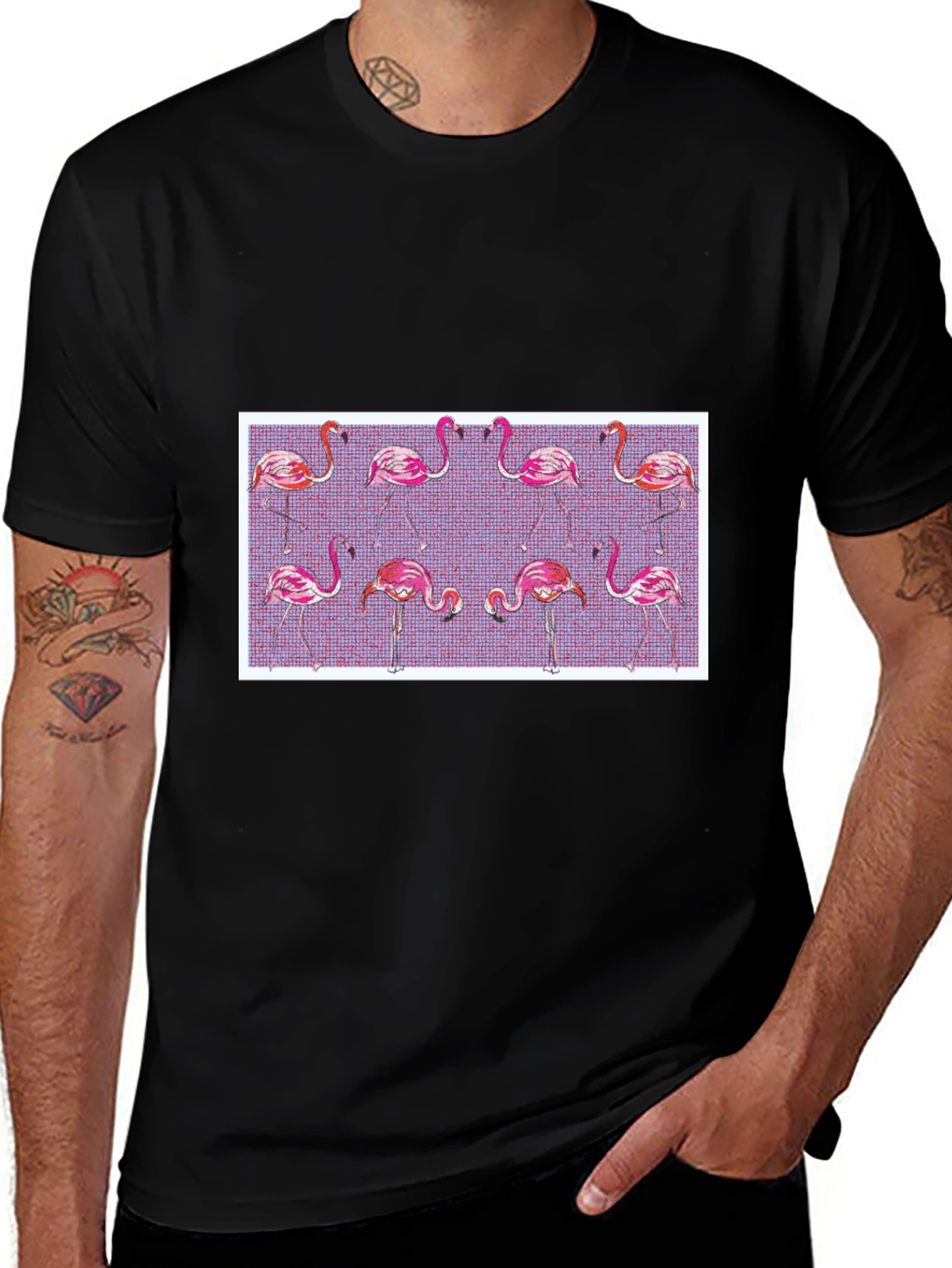 Black Flamingo Pattern Black T-Shirt main image