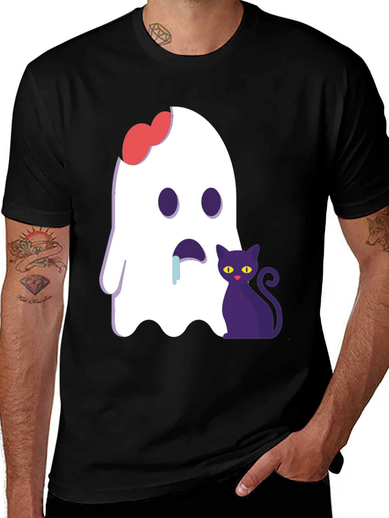 Variant 5 of Spooky Halloween Ghost & Cat Graphic Tee
