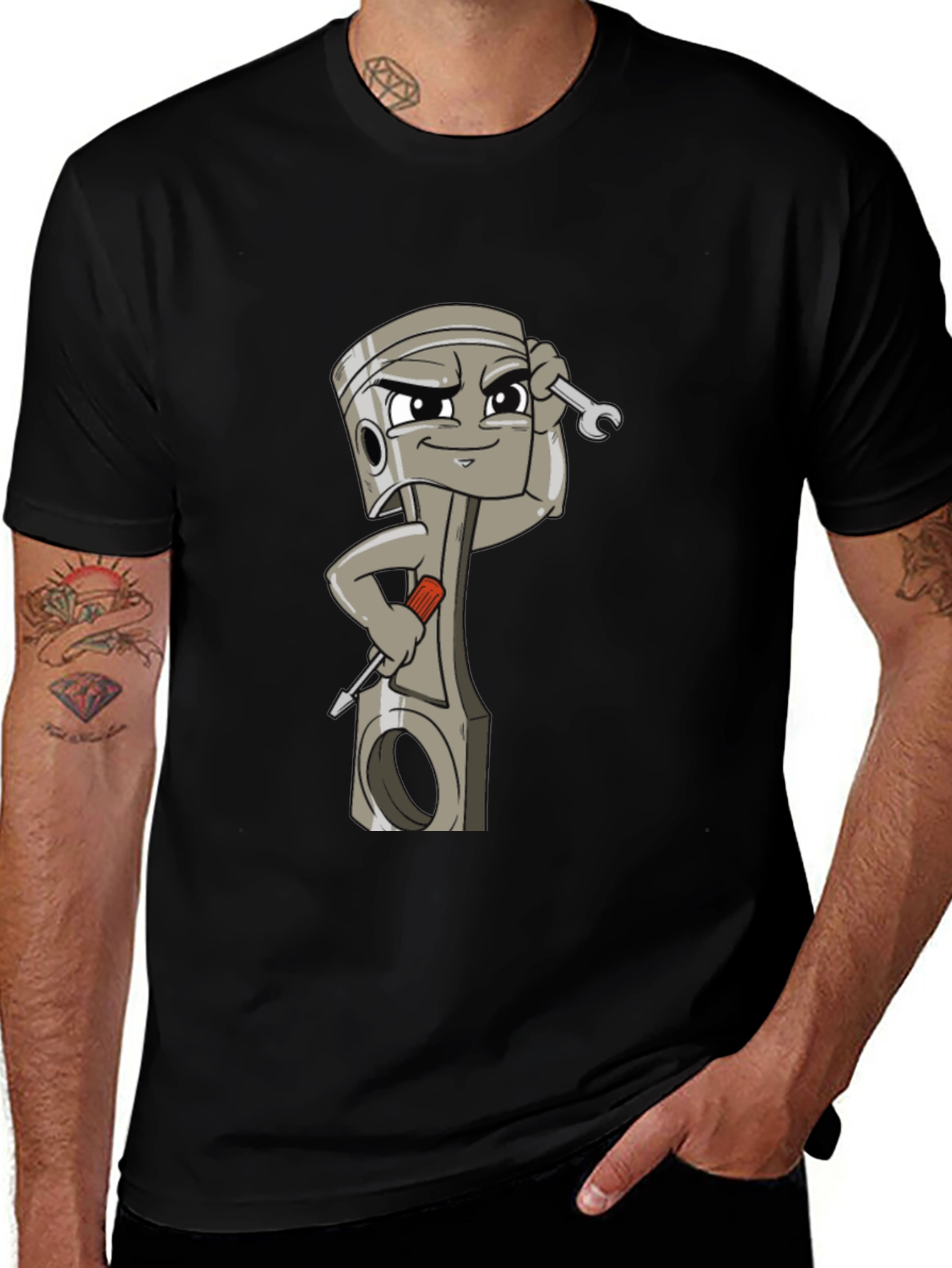 Cool Cartoon Piston Mechanic Black T-Shirt
