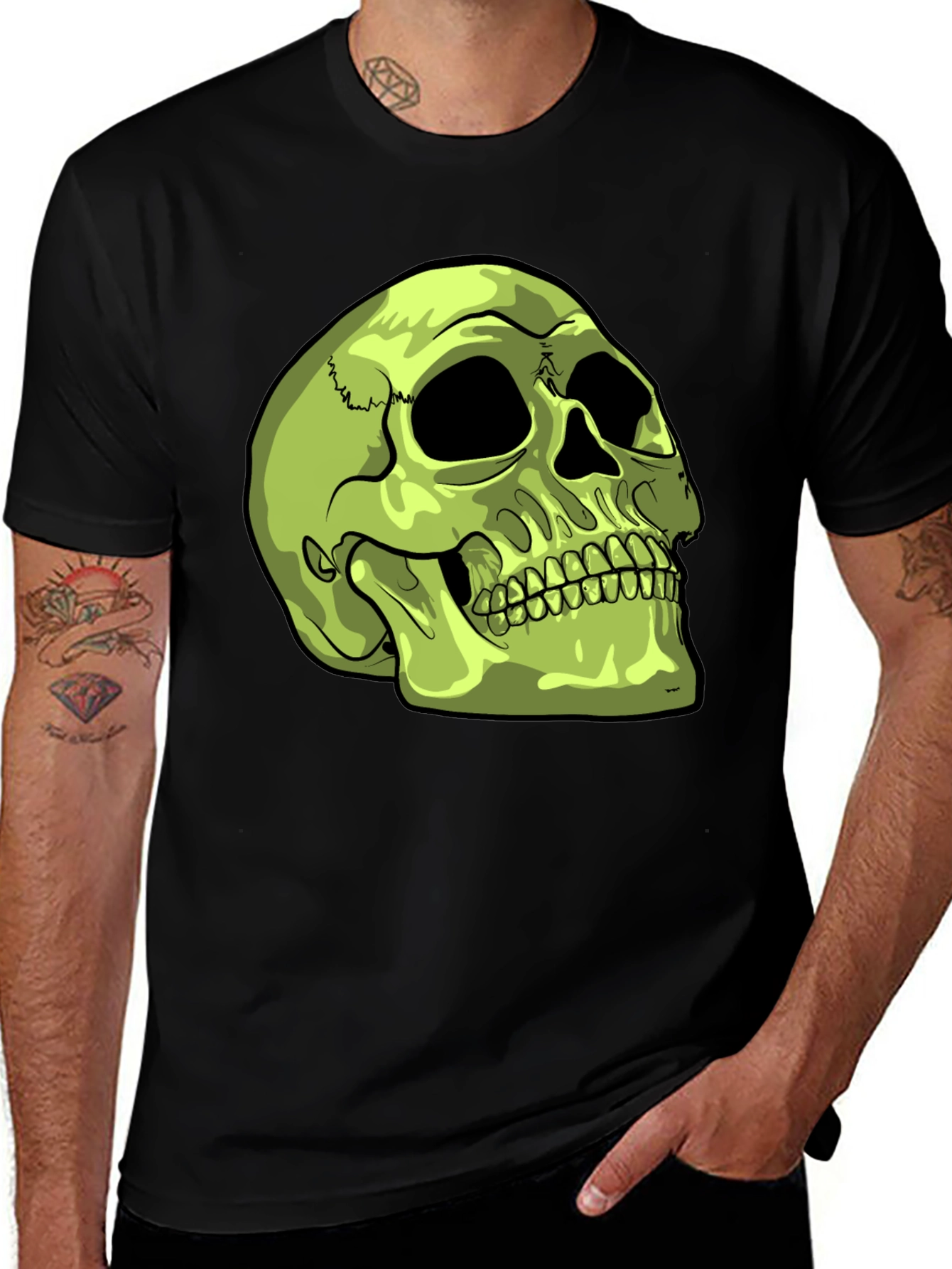 Variant 2 of Skull Graphic T-Shirt - Green Skull on Black Tee