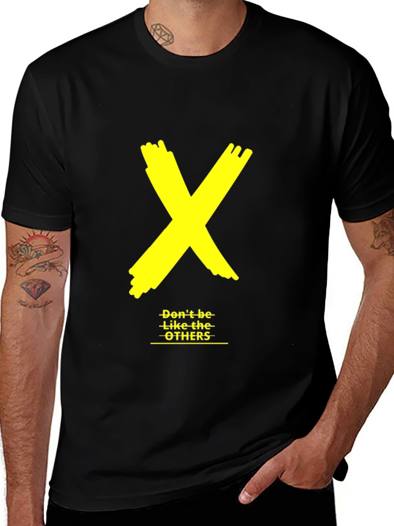Variant 22 of Bold Yellow X Graphic Black Tee - "Don't be like the OTHERS"
