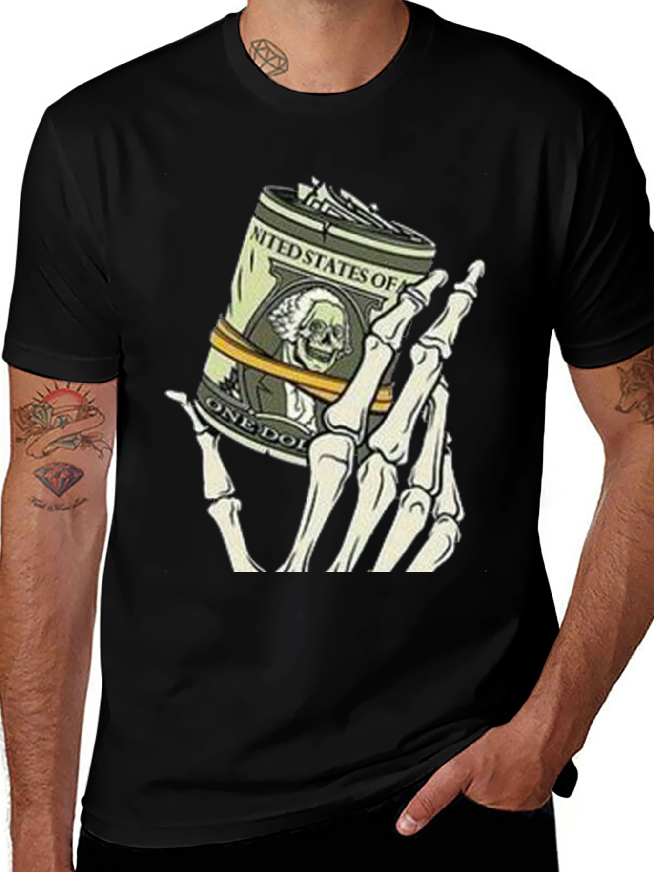 Variant 20 of Money Skeleton Hand Graphic Tee - Black Cotton Shirt