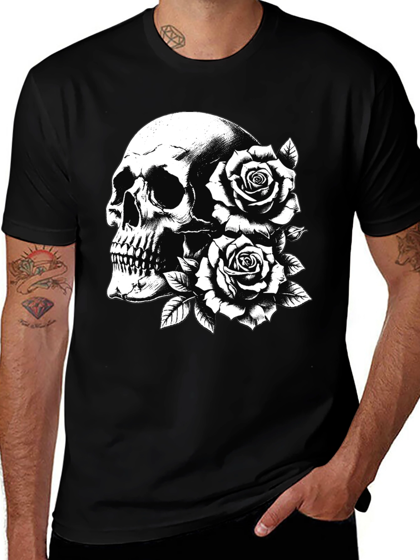 Variant 24 of Skull & Roses Graphic Tee - Black Cotton Casual T-Shirt