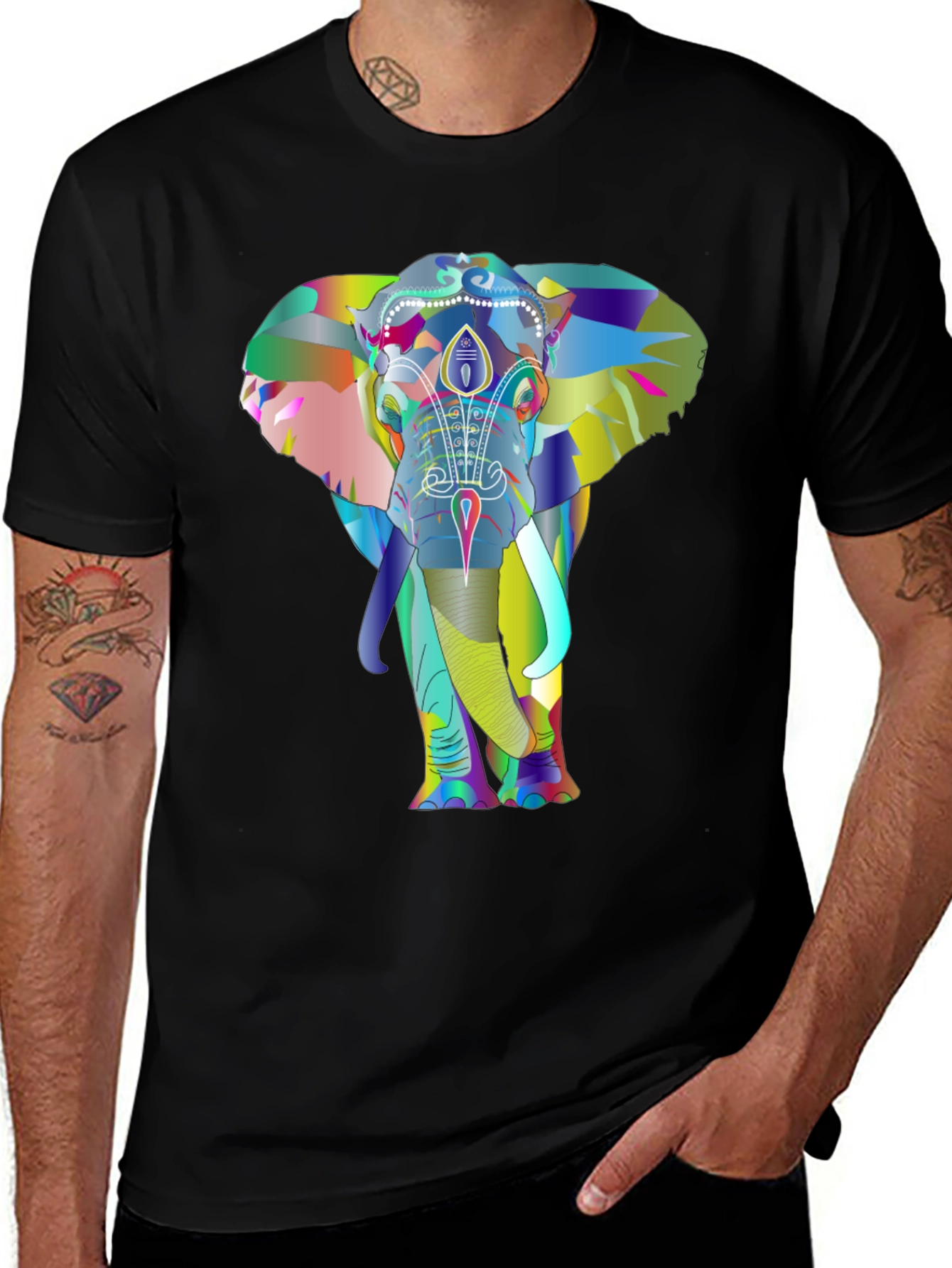 Variant 26 of Vibrant Elephant Graphic Tee - Black Cotton T-Shirt