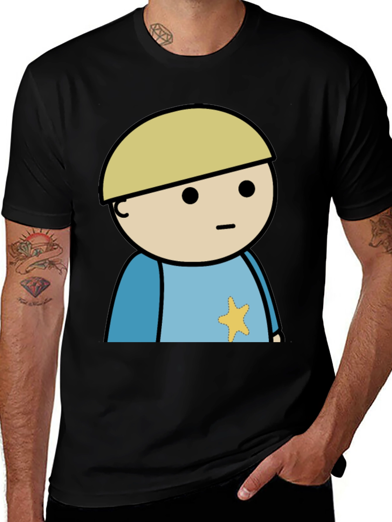 Cartoon Character Star Badge Black T-Shirt