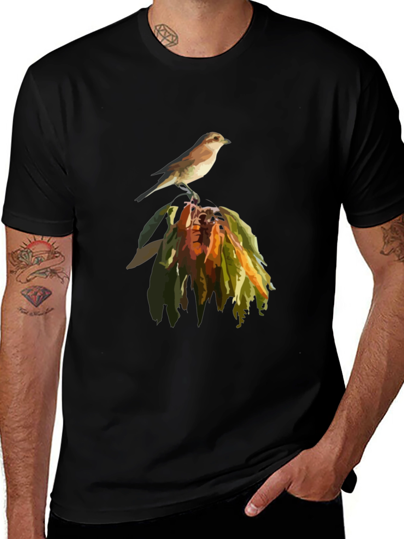 Variant 27 of Bird Perched on Leaves Graphic Tee - Black