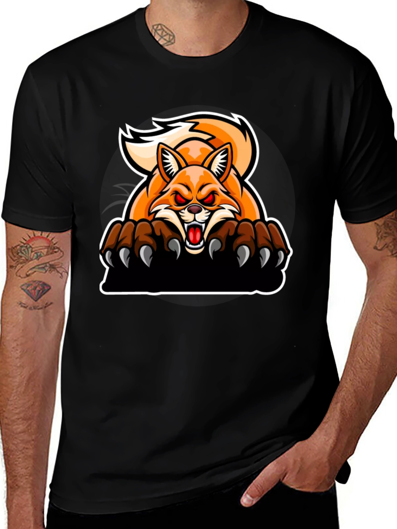 Angry Fox Graphic Print Black T-Shirt