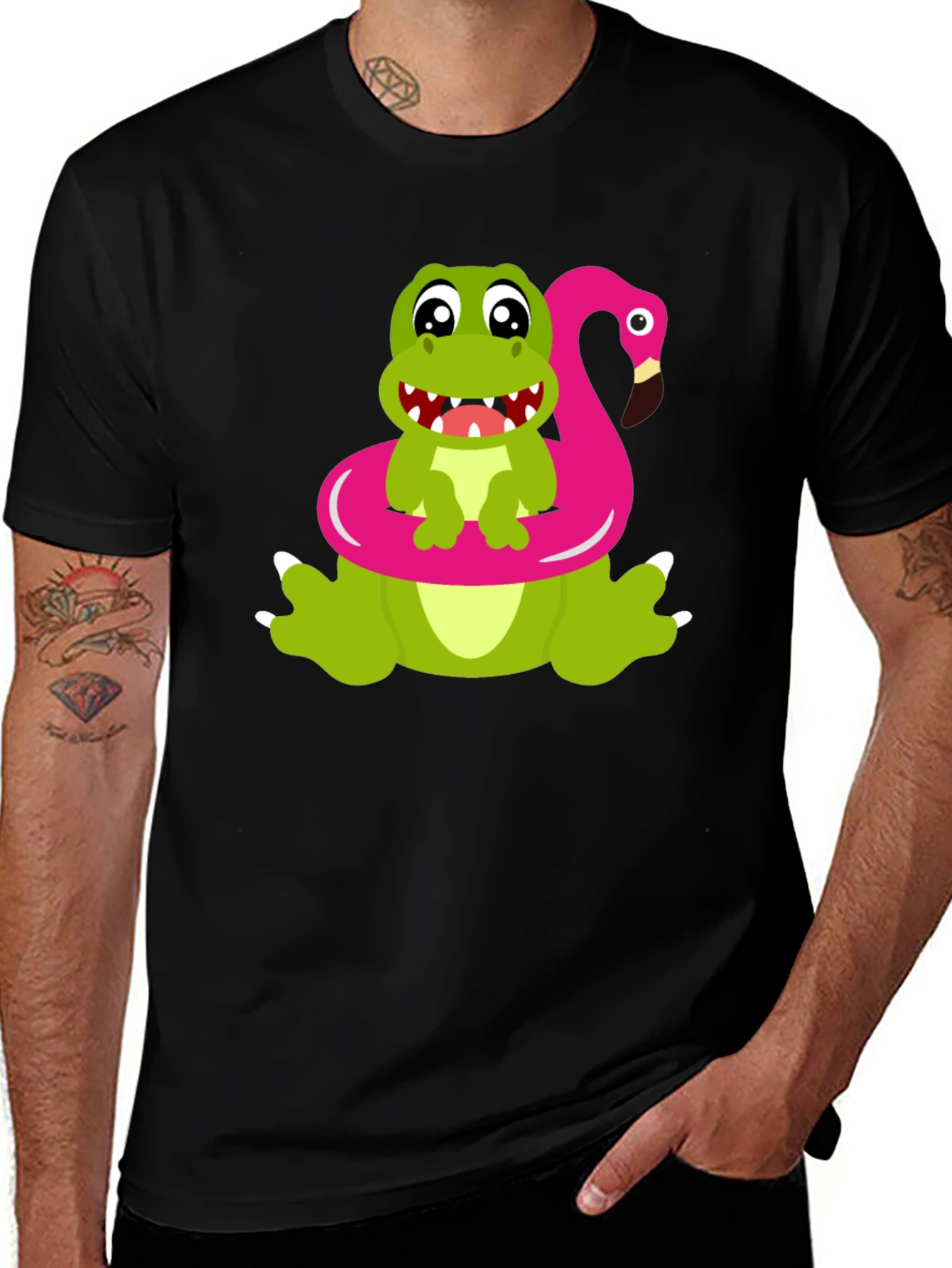 Cute Gator with Flamingo Float Black T-Shirt