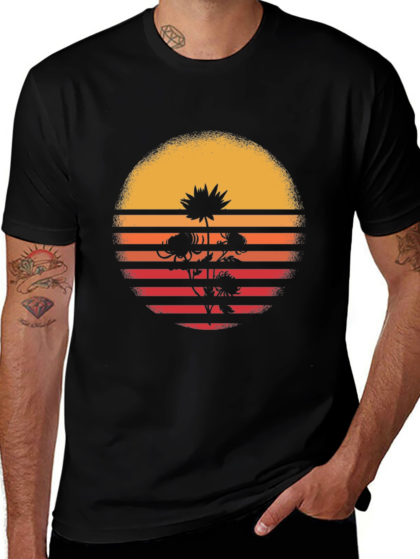 Variant 24 of Retro Sunset Flower Graphic T-Shirt - Black