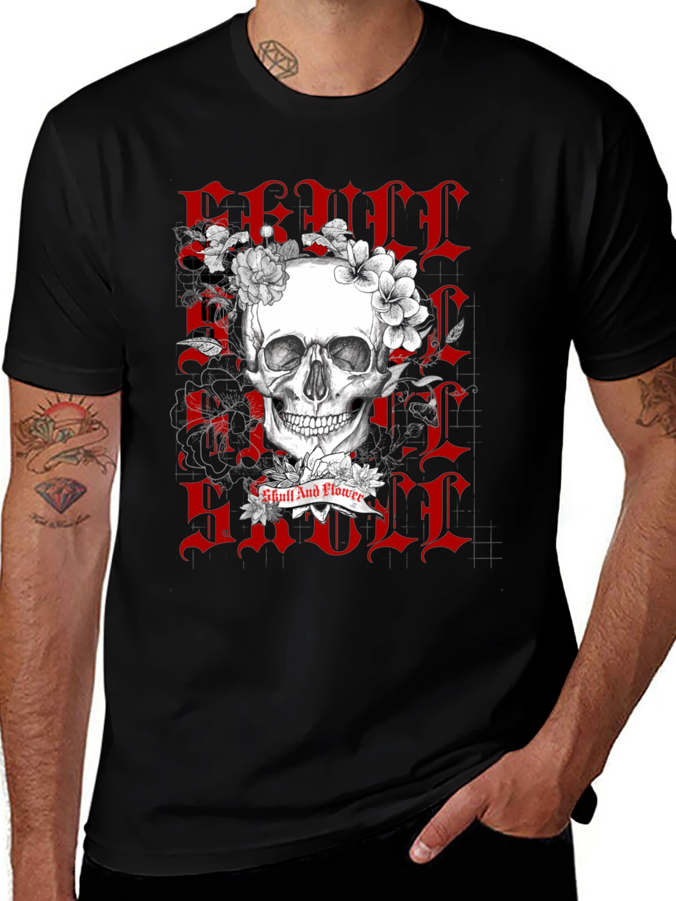 Variant 28 of Skull & Flower Graphic Print Tee - Black