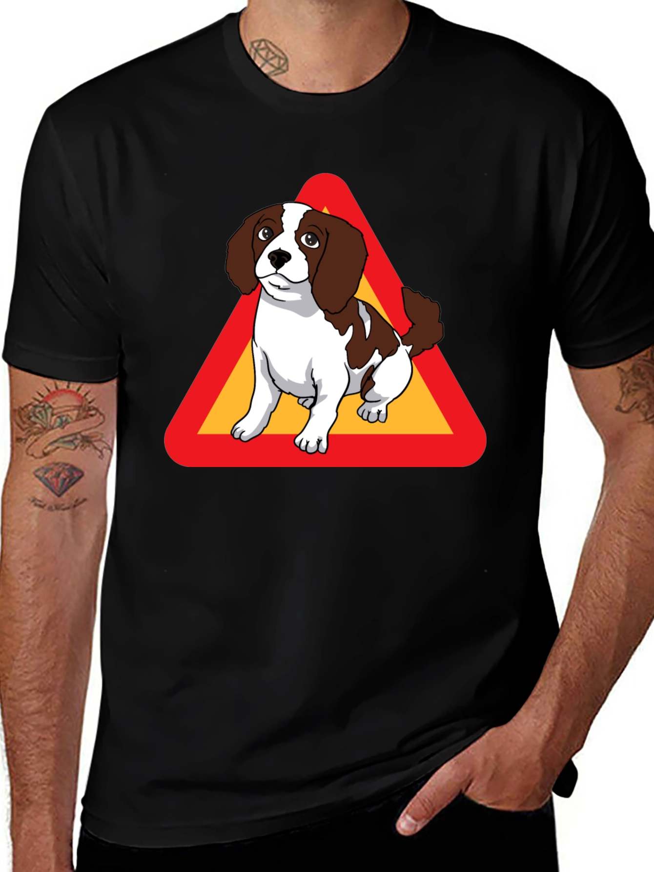 Variant 30 of Dog Warning Sign Graphic Tee - Black Cotton T-Shirt