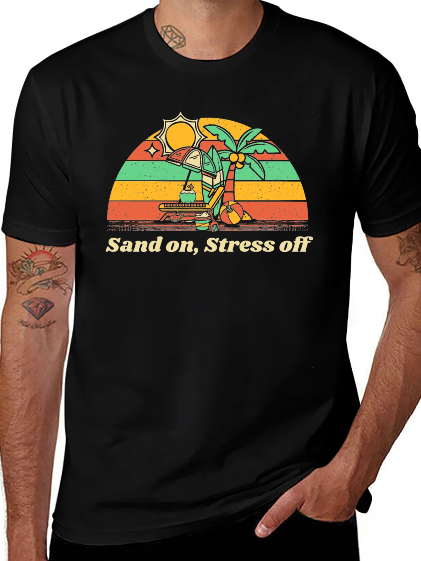 Variant 25 of Sand On, Stress Off Beach Vacation T-Shirt