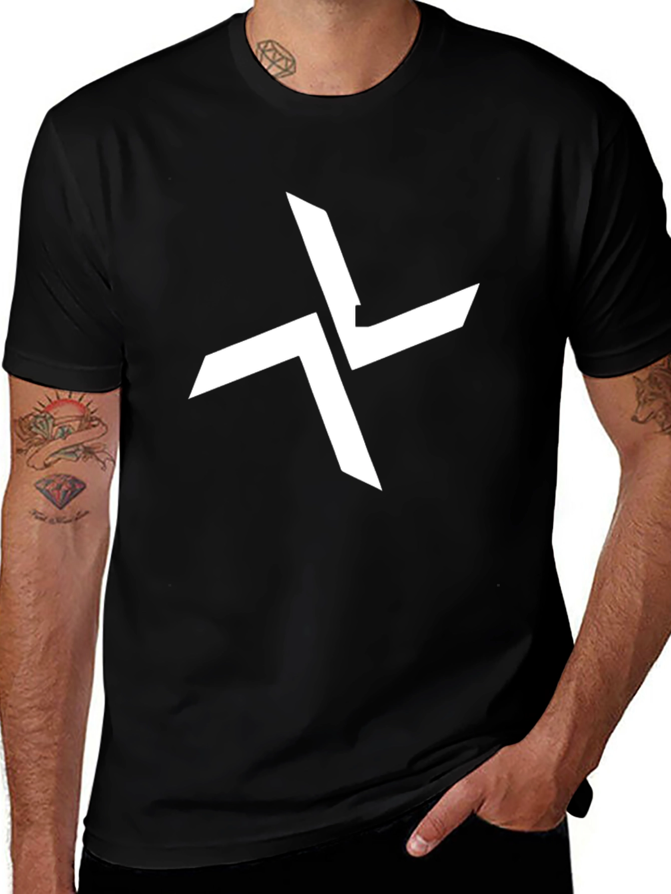 Variant 18 of Black Graphic Tee - Abstract White Cross Design