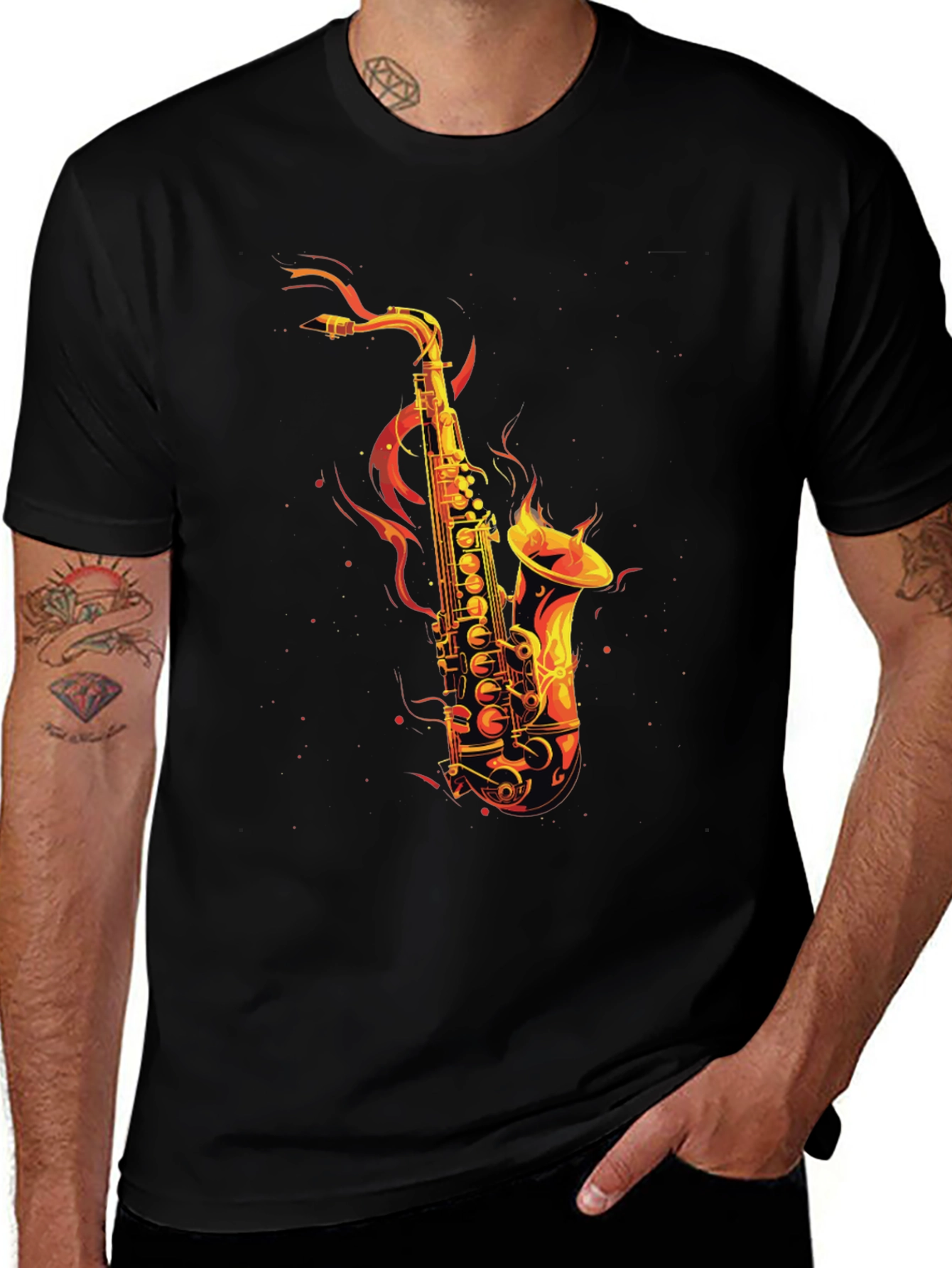 Variant 7 of Flaming Saxophone Graphic Tee - Black Cotton T-Shirt