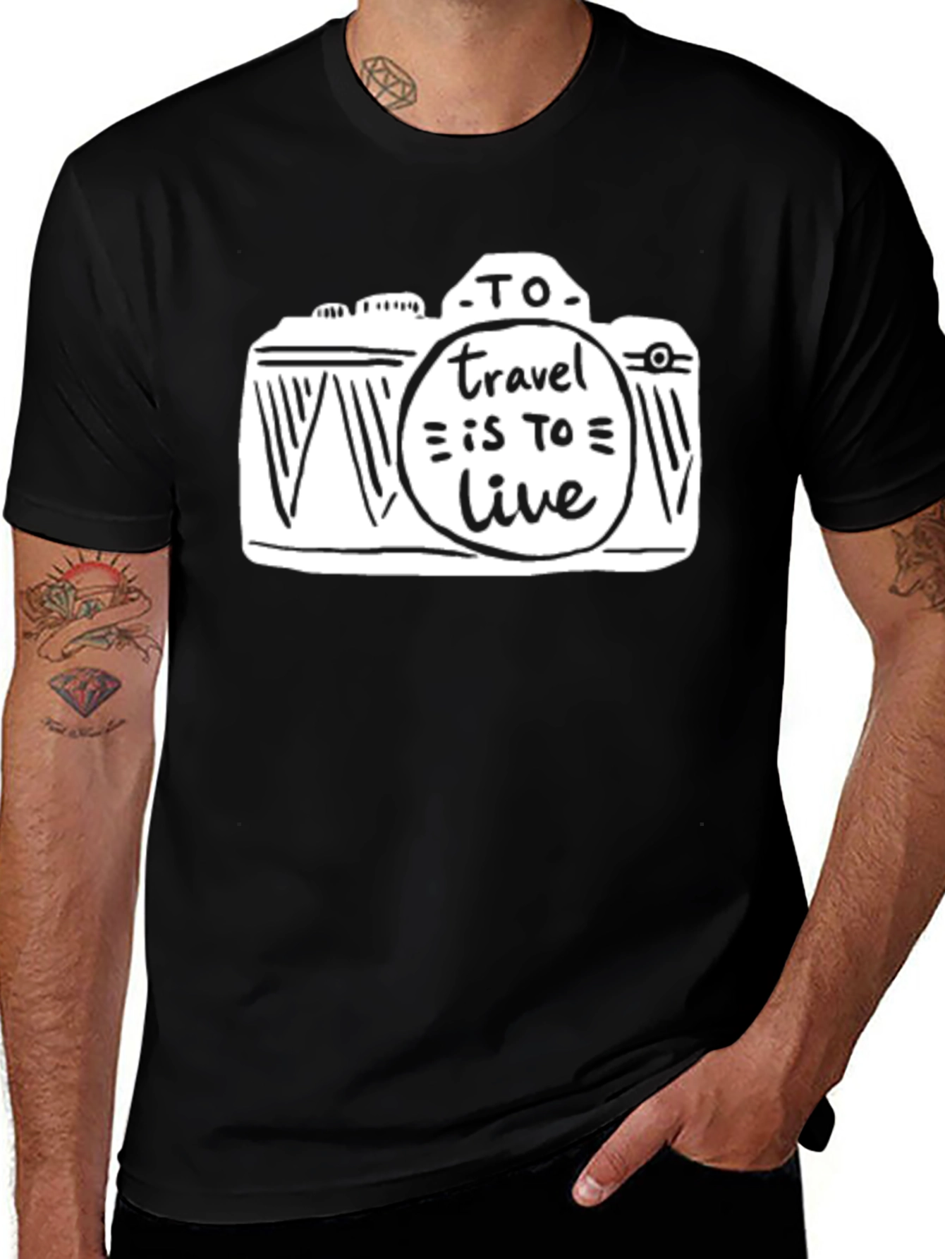 Variant 28 of Travel is to Live Camera Graphic Black T-Shirt