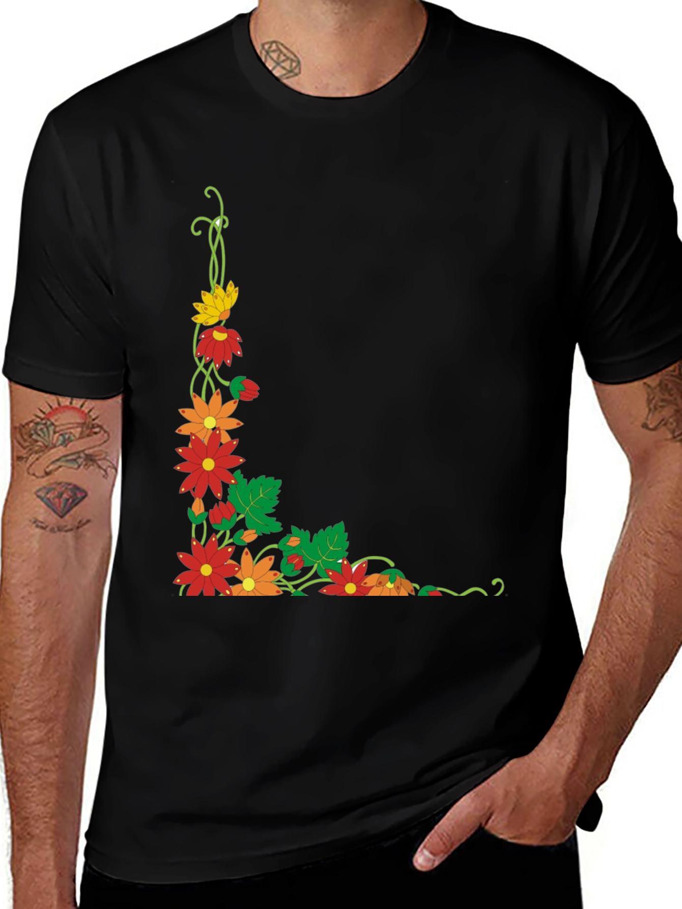 Variant 5 of Floral Corner Design Black T-Shirt