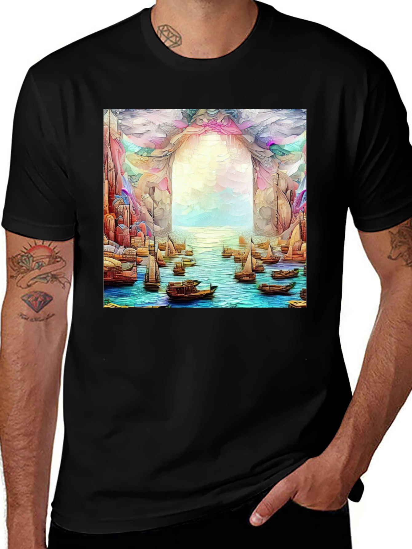 Variant 20 of Artistic Black T-Shirt: Boats at the Ocean Portal