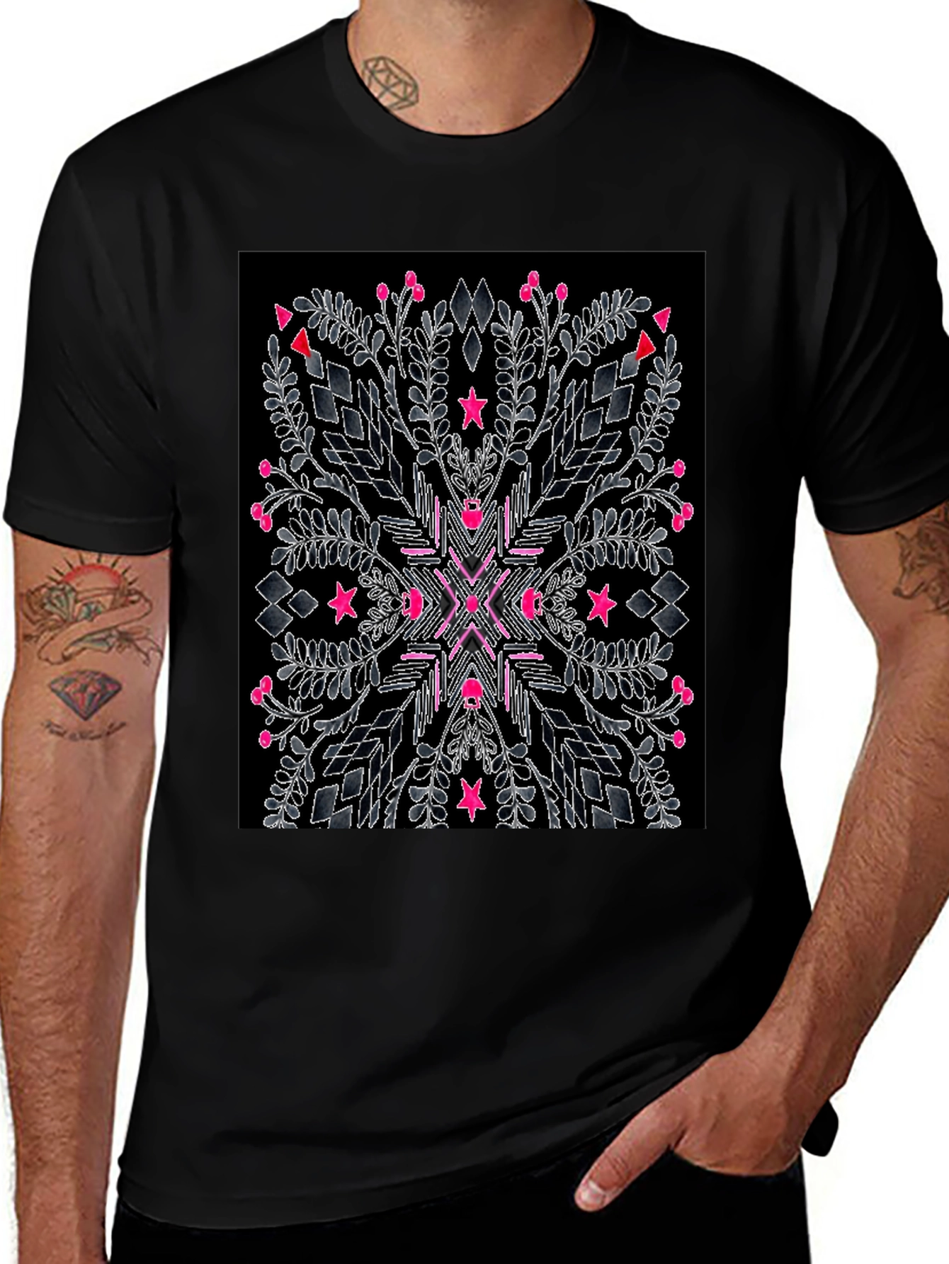 Variant 19 of Black T-Shirt with Geometric Floral Print