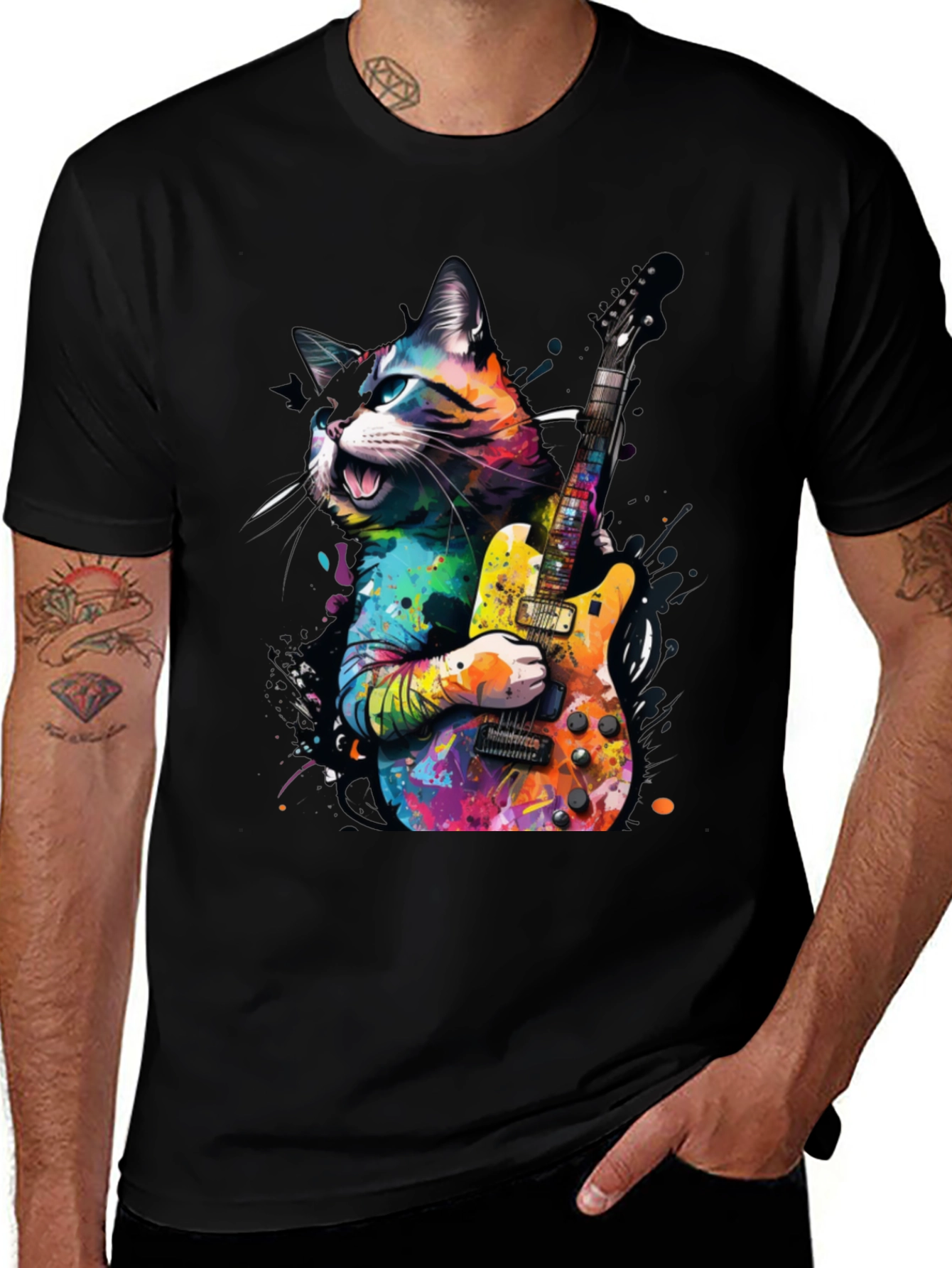 Variant 19 of Cat Guitarist Graphic Tee - Colorful Music Lover Shirt