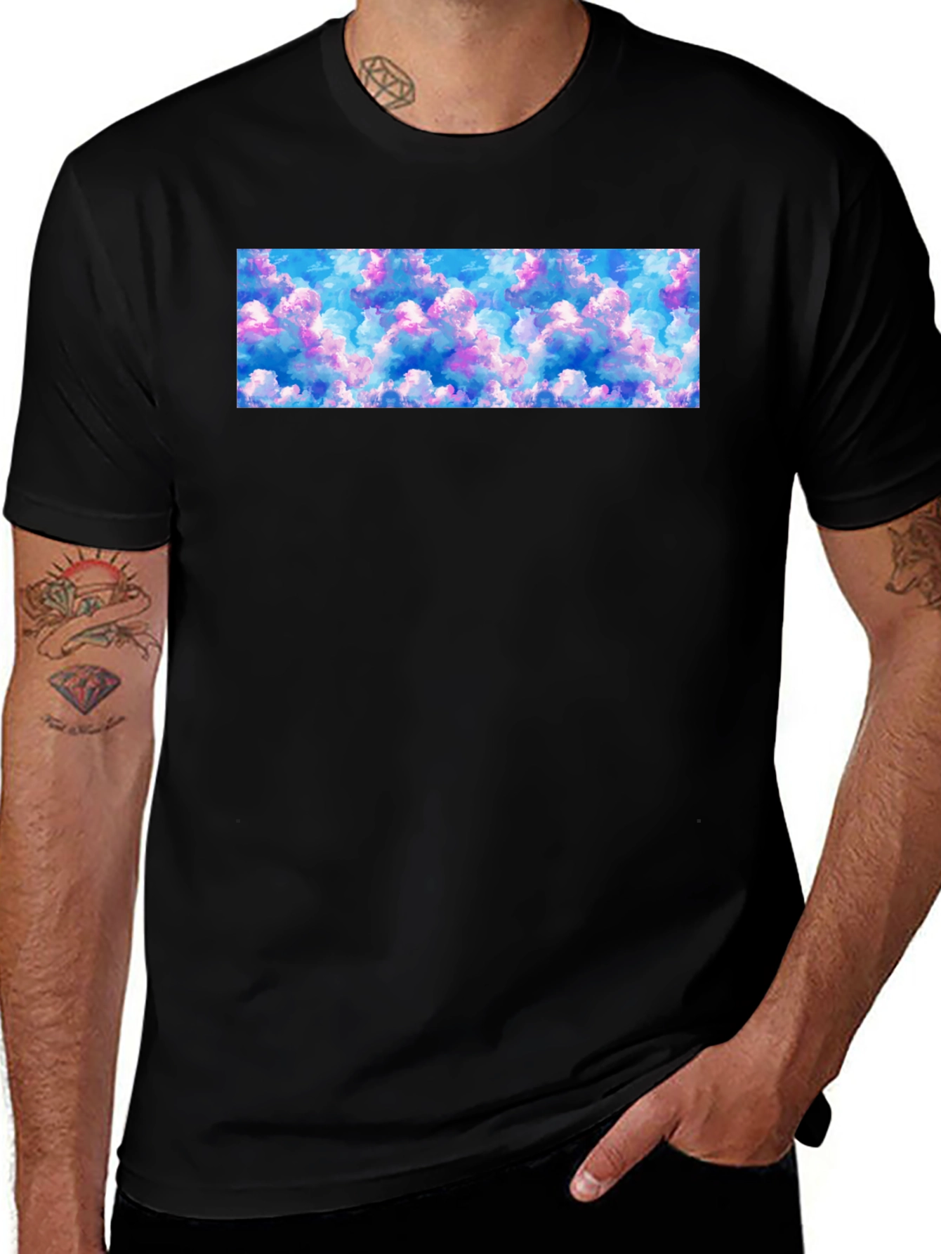 Black T-Shirt with Cloud Pattern Chest Design