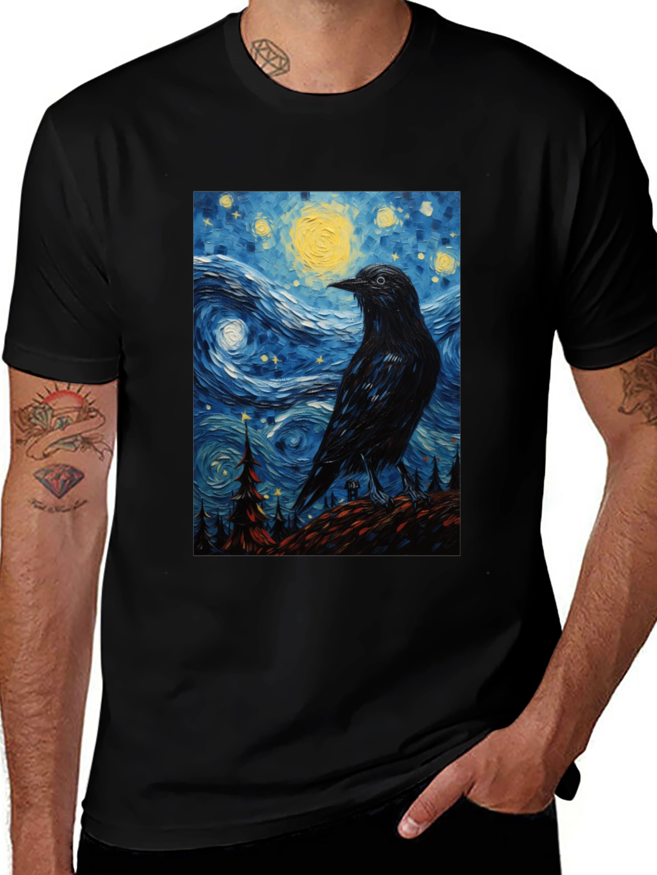 Variant 8 of Starry Night Raven Graphic Tee - Artistic Black T-Shirt