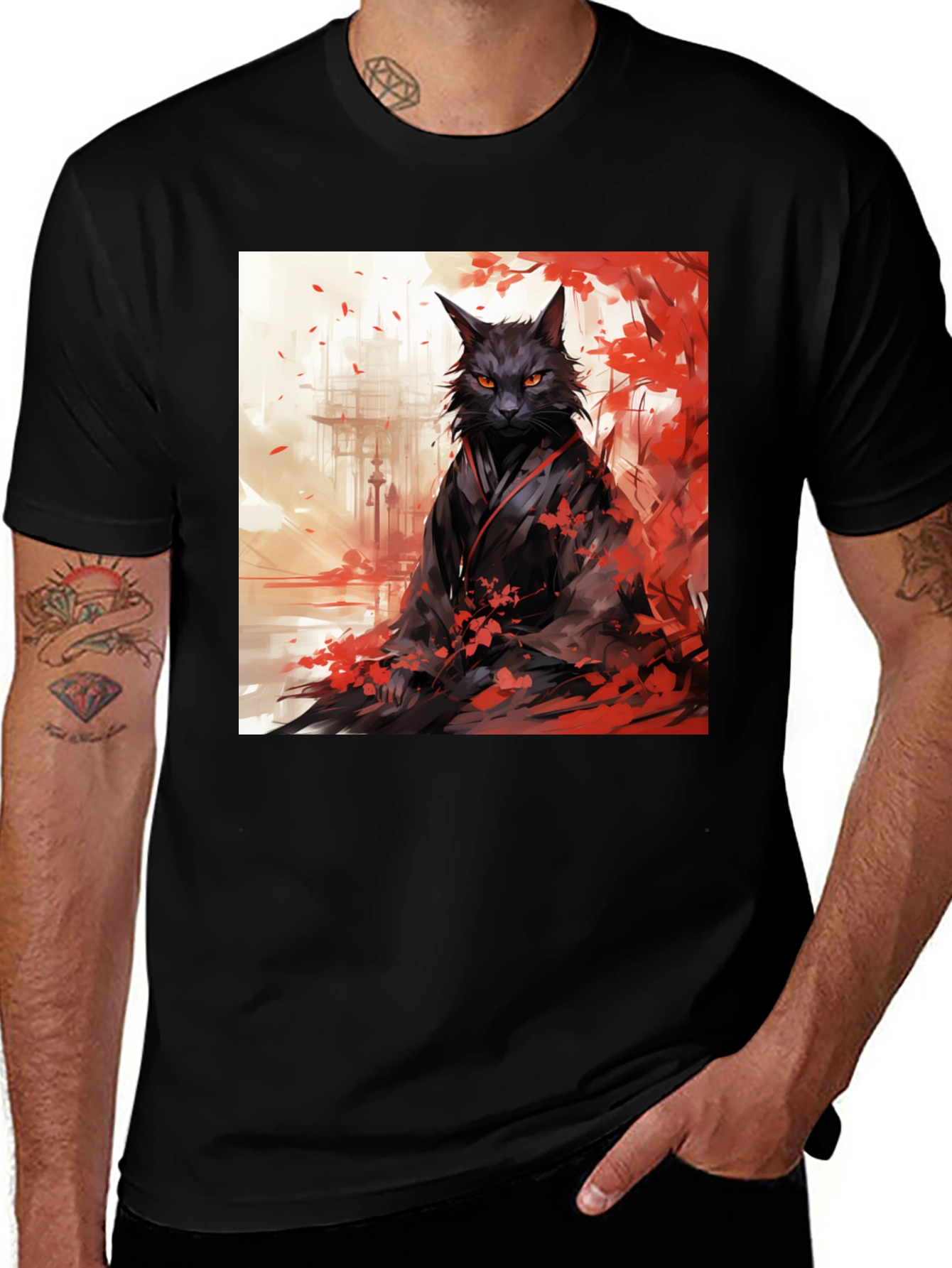 Variant 28 of Black T-Shirt with Cat Samurai Design