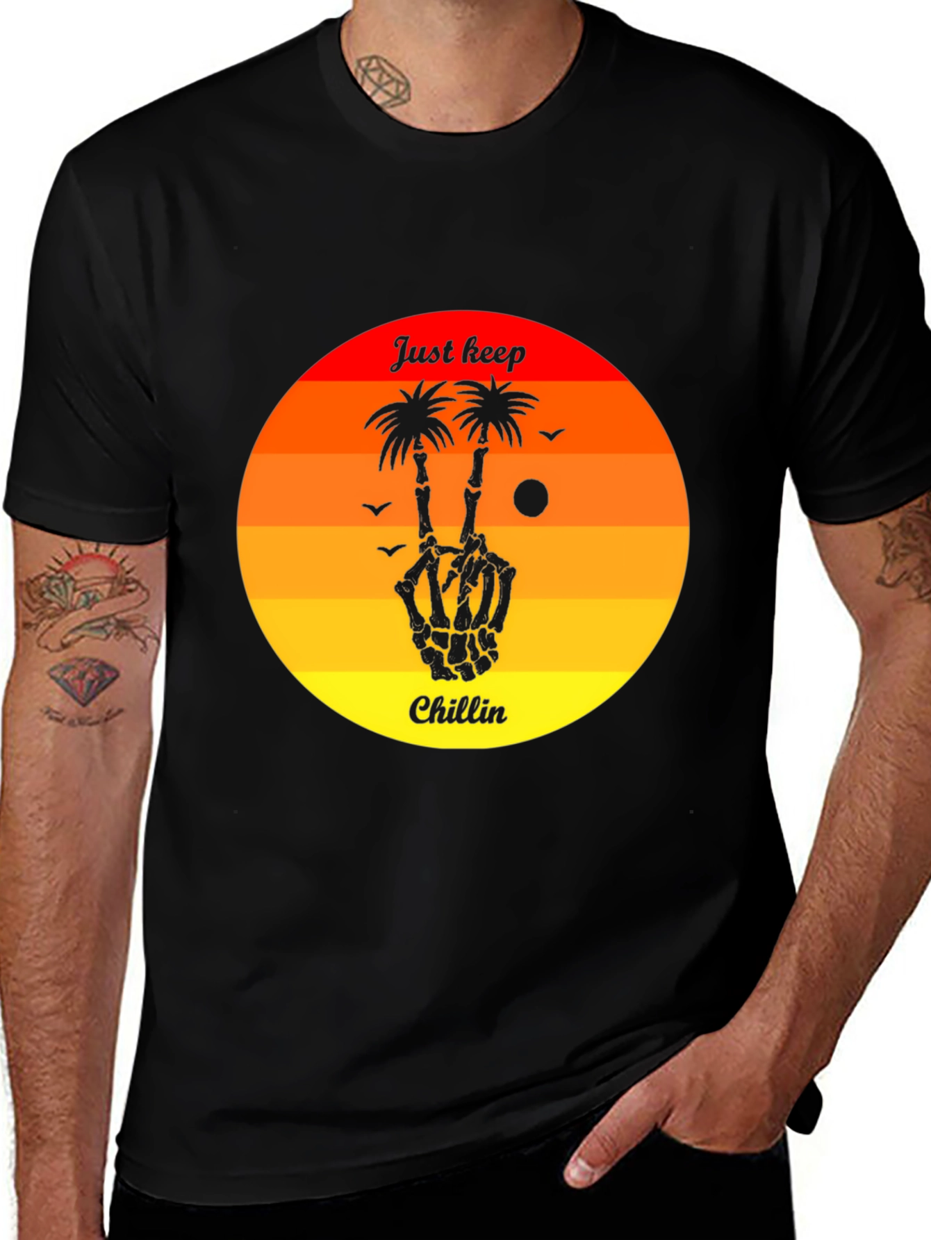 Variant 16 of Just Keep Chillin' Palm Tree Sunset Graphic Tee