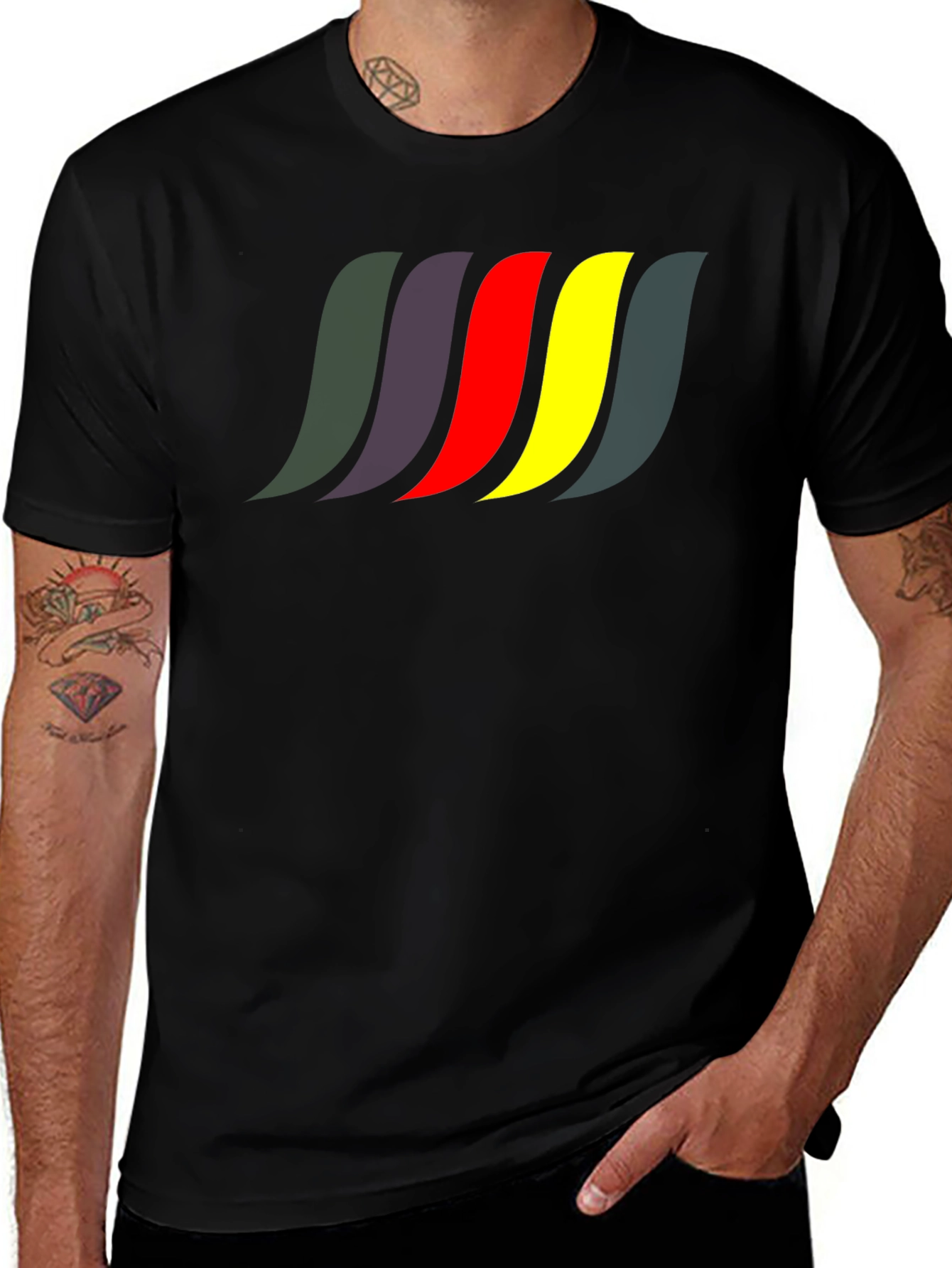 Black Men's Black T-Shirt with Retro Color Wave Design main image