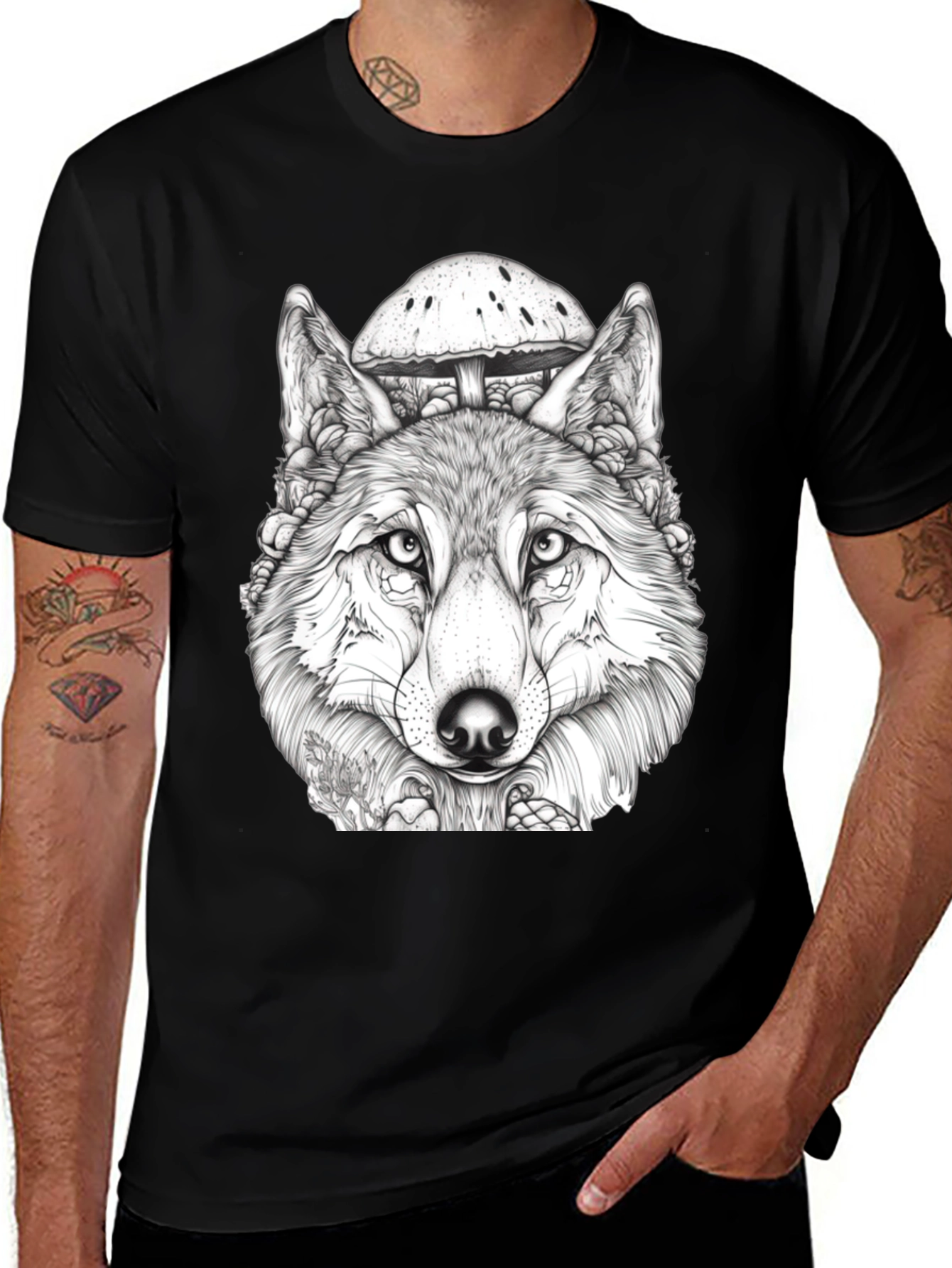 Variant 8 of Wolf & Mushroom Graphic Tee - Unisex Black T-Shirt
