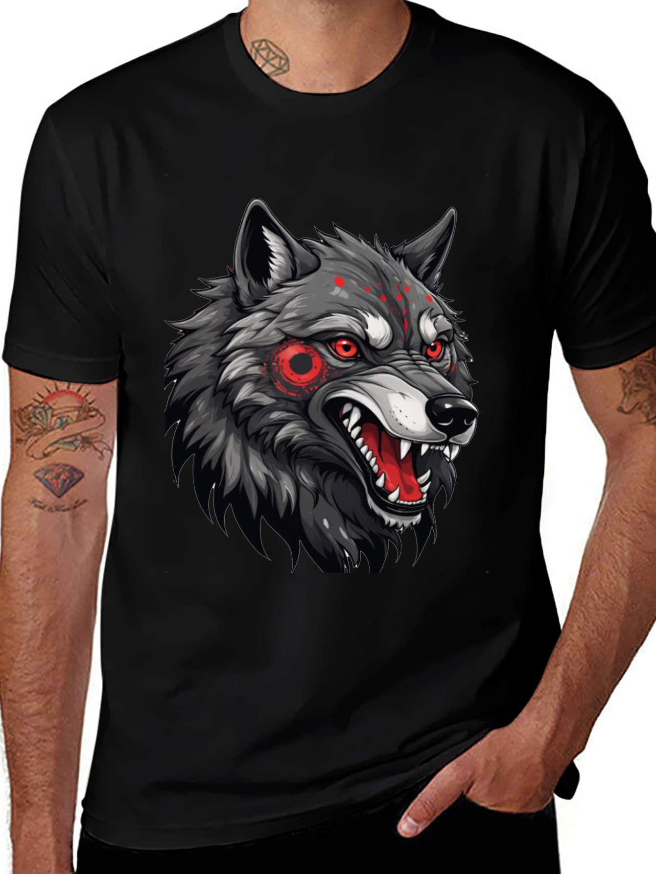 Variant 20 of Men's Black T-Shirt with Wolf Graphic