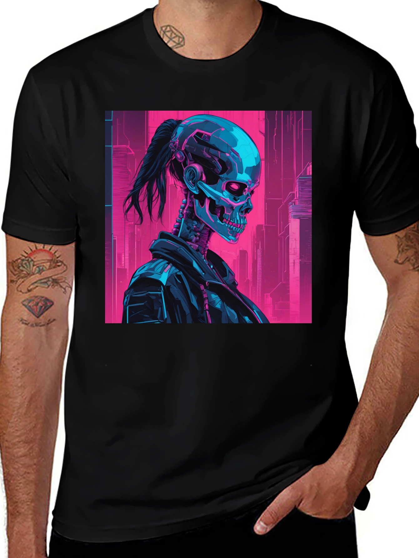 Variant 27 of Cyberpunk Skull Graphic Tee - Black