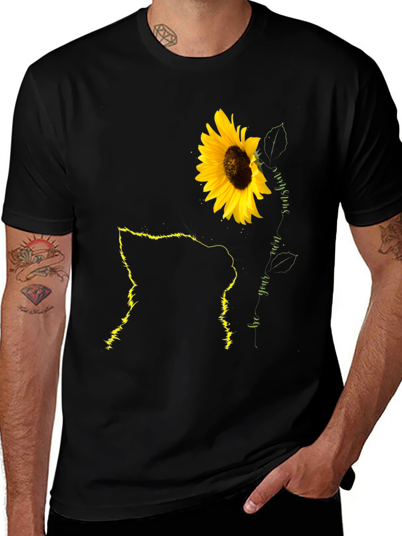 Black Sunflower Cat Lover Black T-Shirt main image