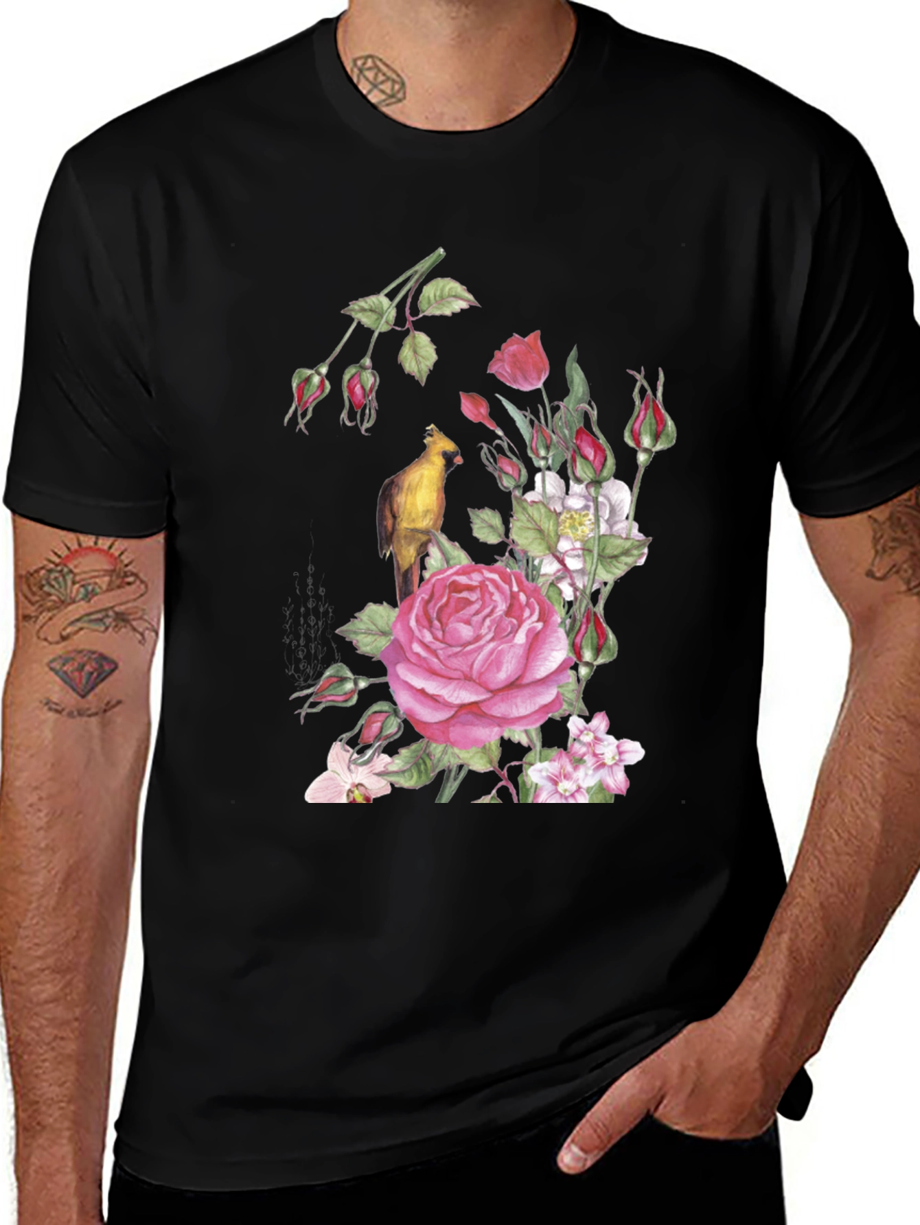 Variant 20 of Floral Bird Print Black T-Shirt