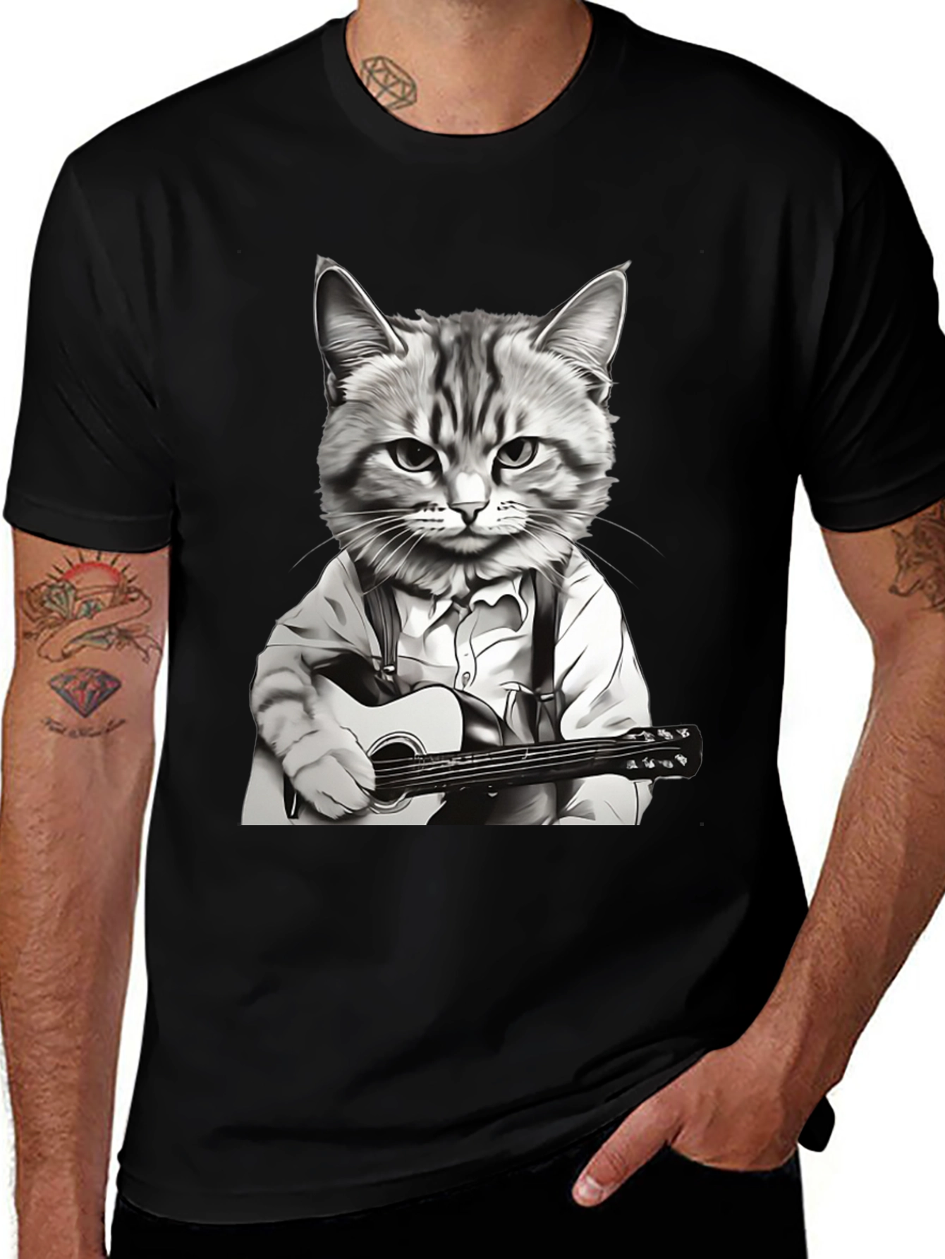 Variant 23 of Cat Musician Graphic Tee - Black Cotton T-Shirt