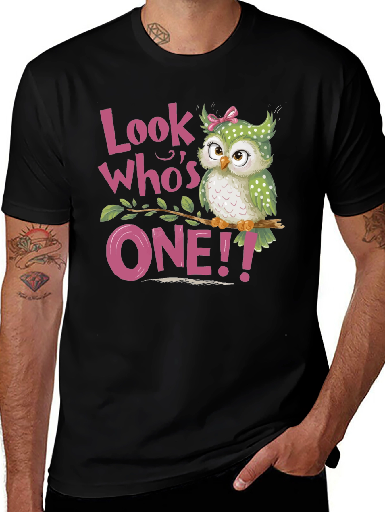 Black Look Who's One! Baby's 1st Birthday Owl T-Shirt main image